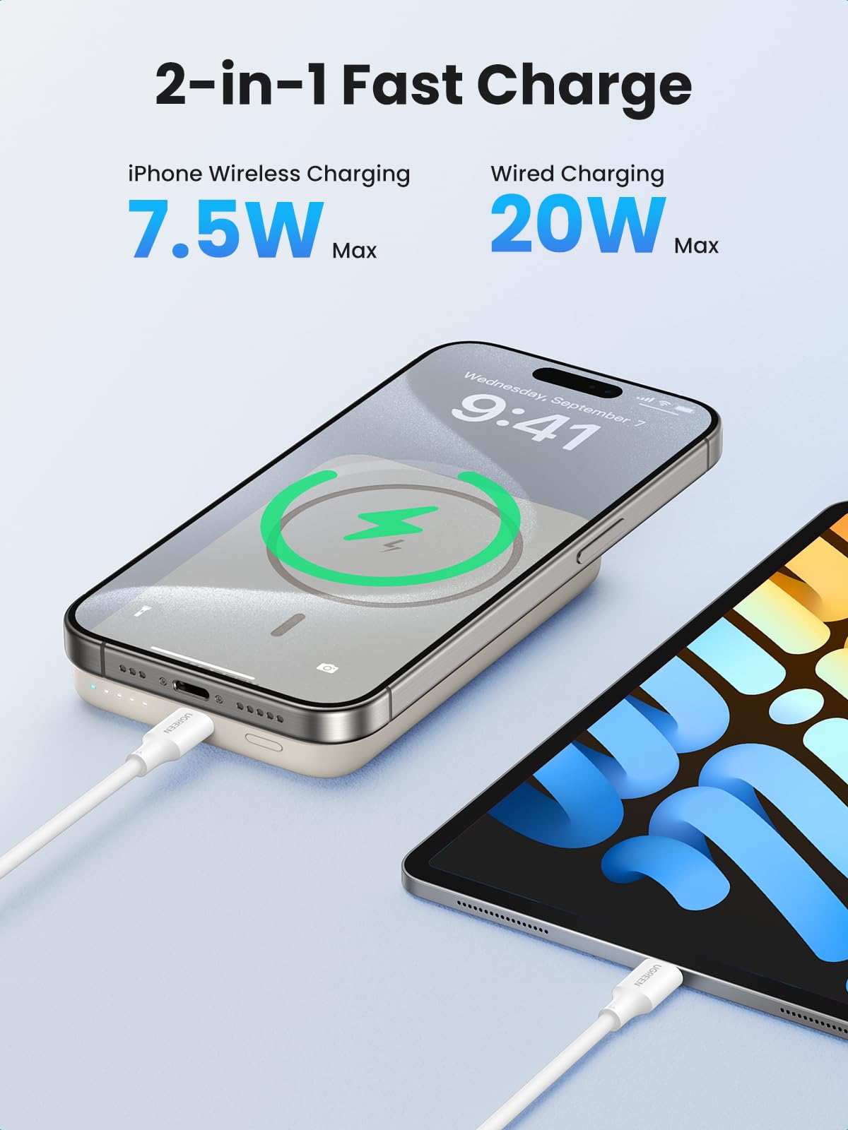 UGREEN 10000mAh Magnetic Power Bank with PD 20W Fast Charging | Built-in USB C Input/Output | Includes 60W 0.5M Cable | Compatible with MagSafe & iPhone 16/15 Pro Max Series (White) | Perfect for Travel, Work, and On-the-Go Charging