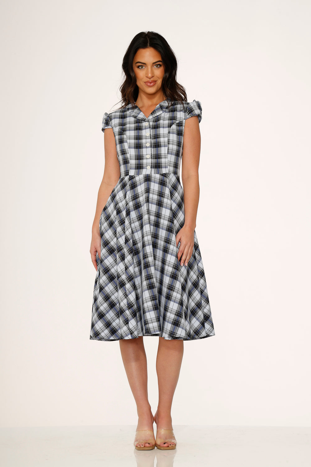 Blue Plaid Swing Dress - Flowy A-Line Vintage Style Dress for Women | Perfect for Casual Outings, Parties & Date Nights