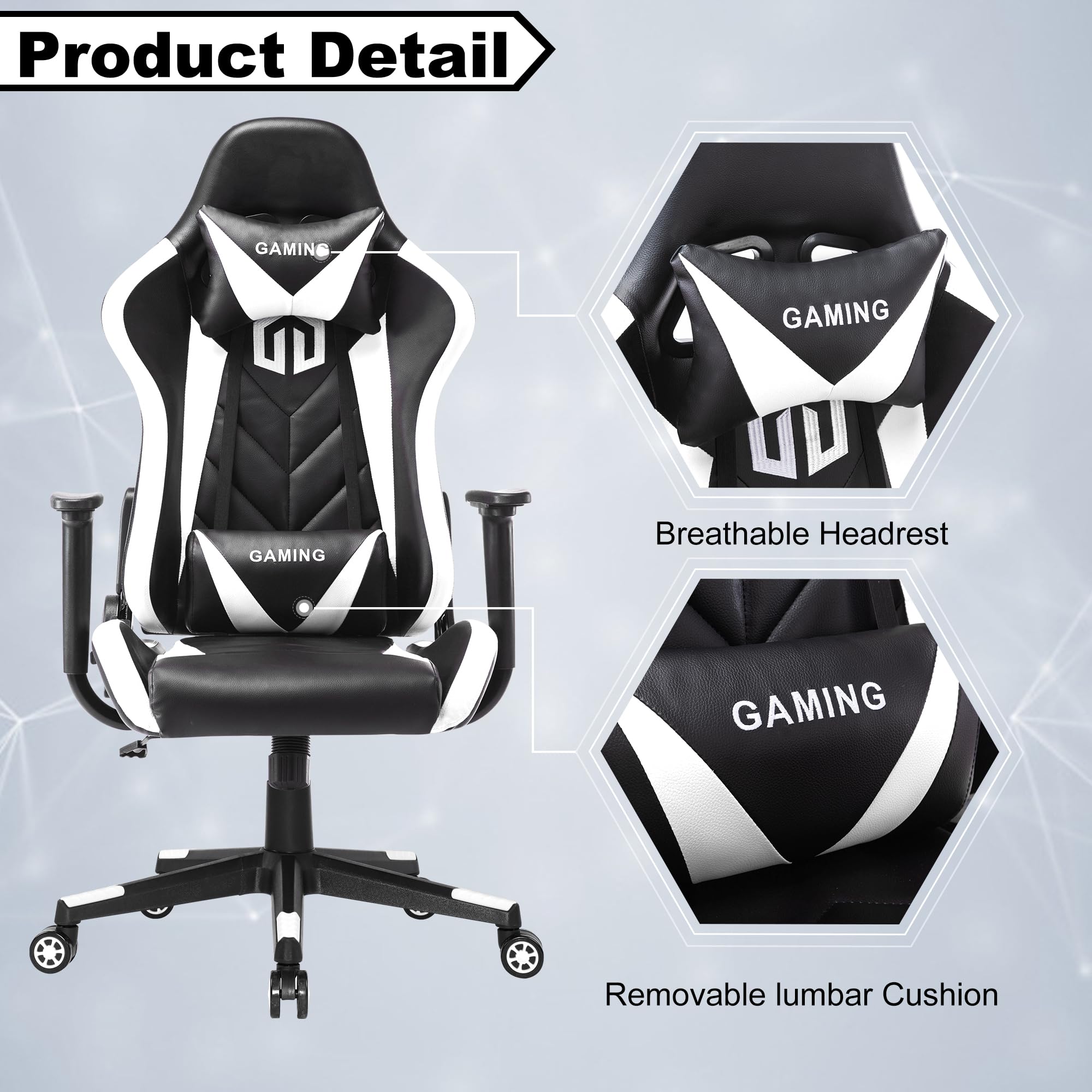 Premium Ergonomic Gaming Chair - Racing Style Office Chair with Adjustable Headrest & Lumbar Support, Swivel Recliner for PC, Computer Desk, Home & Office Use (White) - Perfect for Gamers, Remote Workers & Long Hours Sitting
