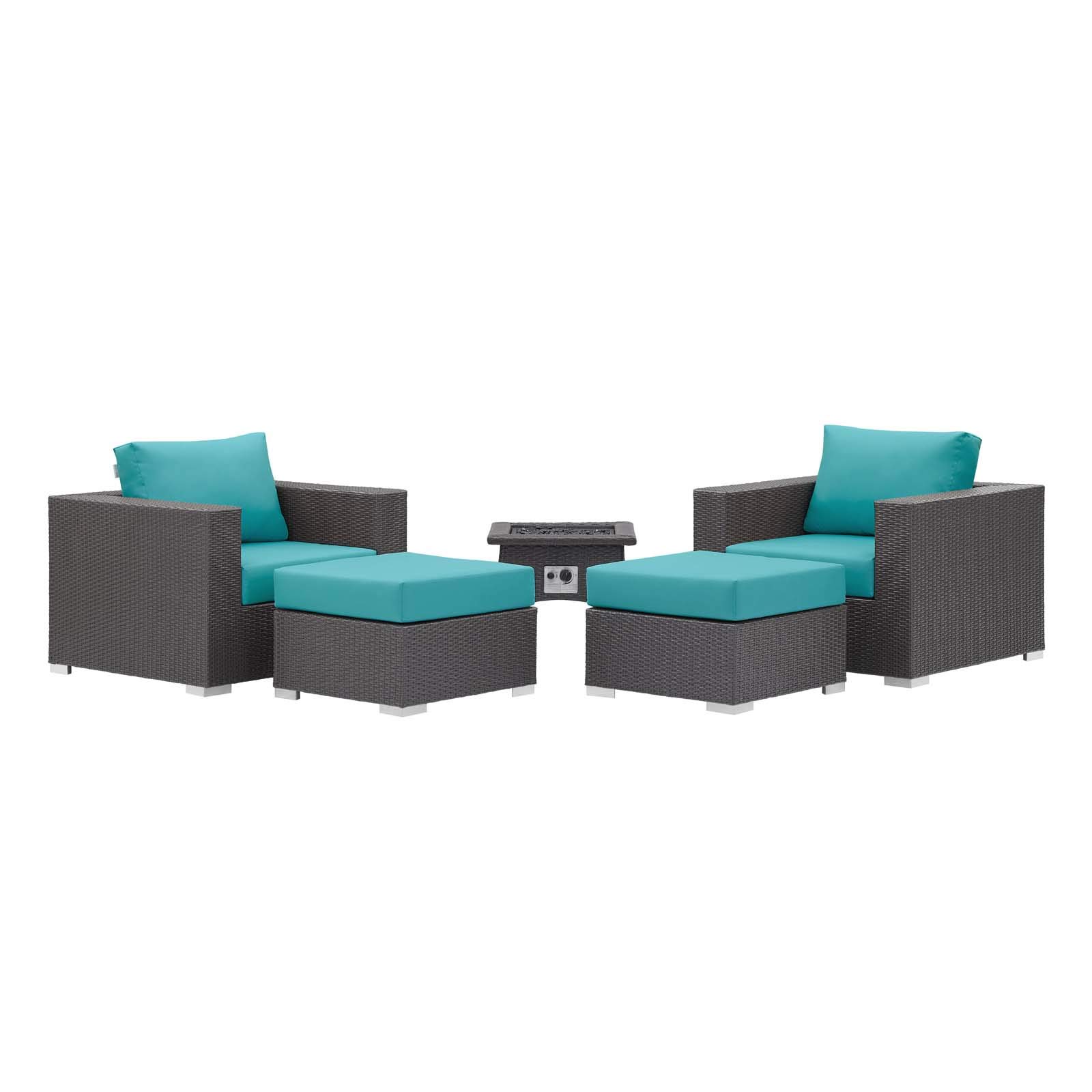 Modern Outdoor Patio Lounge Sofa Set with Wicker Chairs & Coffee Table - Waterproof Rattan Furniture with Fire Pit - Blue Outdoor Seating for Garden, Backyard, Poolside & Patio Relaxation