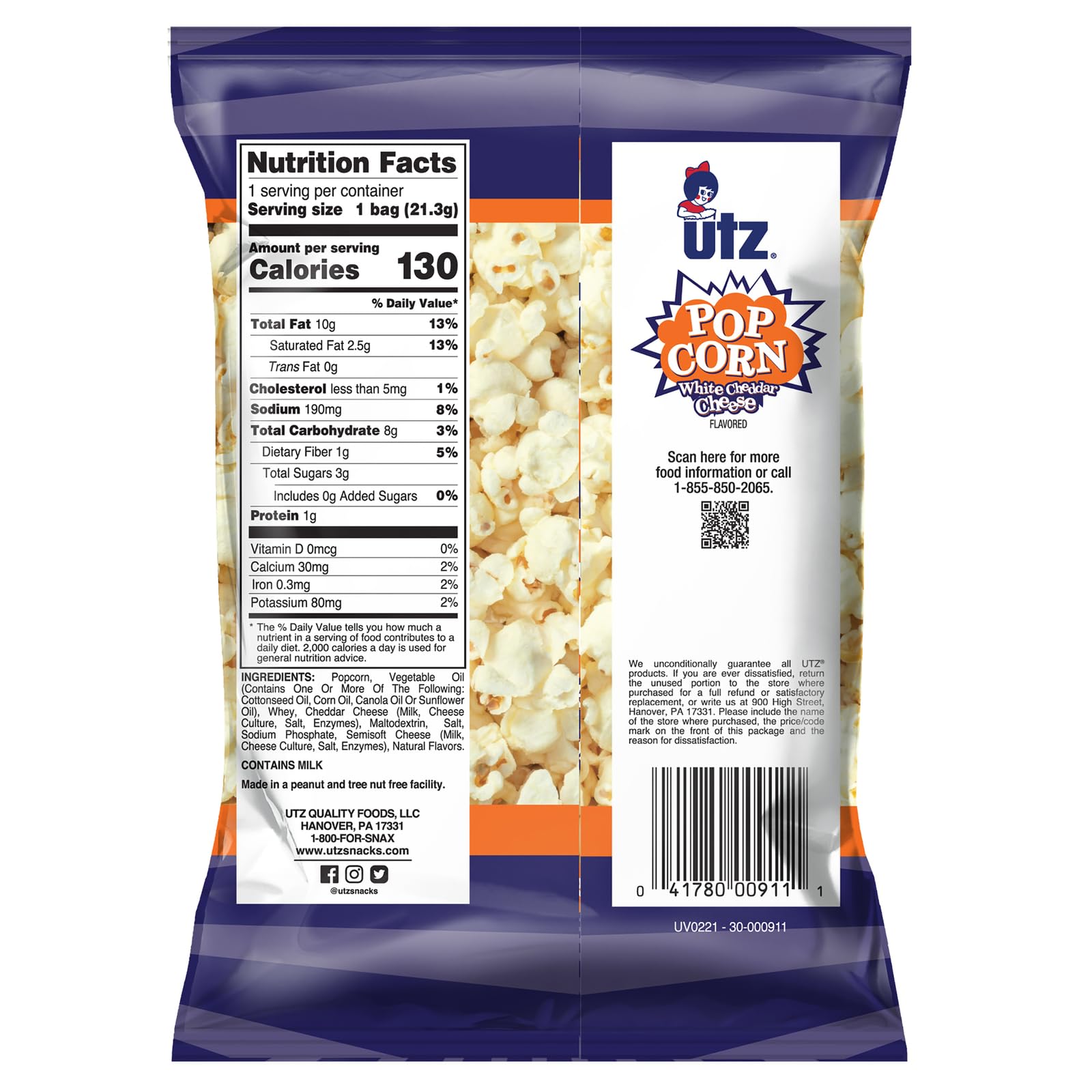 Utz White Cheddar Popcorn - 60 Count (0.75 oz Bags) | Baked with Real Cheese, Gluten Free, Cholesterol Free Snacks | Perfect for Office, School Lunch & Movie Nights