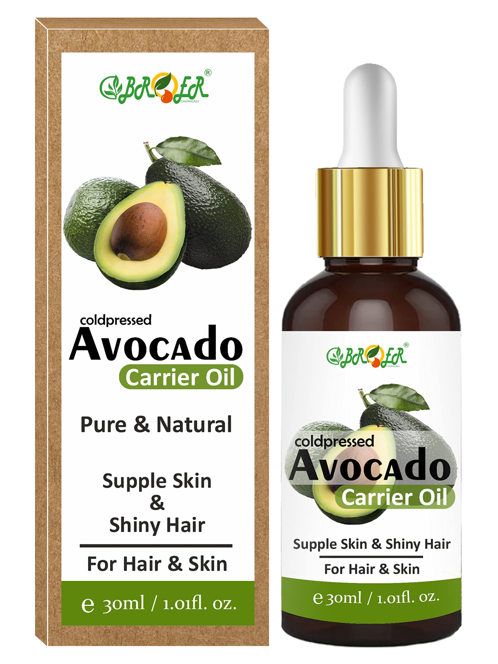 BROER Pure & Natural Cold-Pressed Avocado Oil - Deeply Penetrating, Non-Sticky Formula for Hair Growth, Skin Moisturizing & Face Massage (30ml) | Perfect for Daily Hair Care, Skin Hydration & Relaxing Spa Treatments
