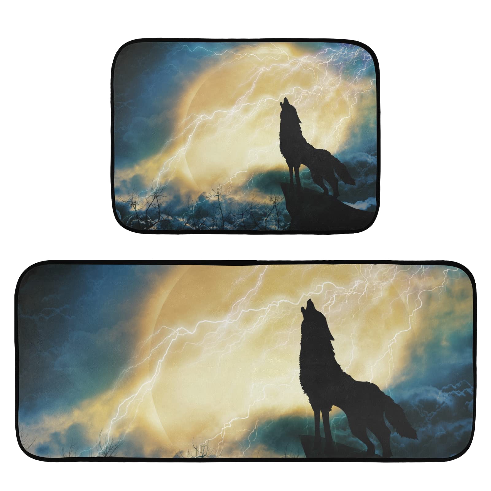 Wolf Thunderstorm Kitchen Rugs and Mats 2-Piece Set - Cushioned Anti-Fatigue, Non-Slip Floor Mats, Washable Farmhouse Decor for Kitchen, Home Office & Laundry - Perfect for Cooking, Standing Comfort & Home Decor