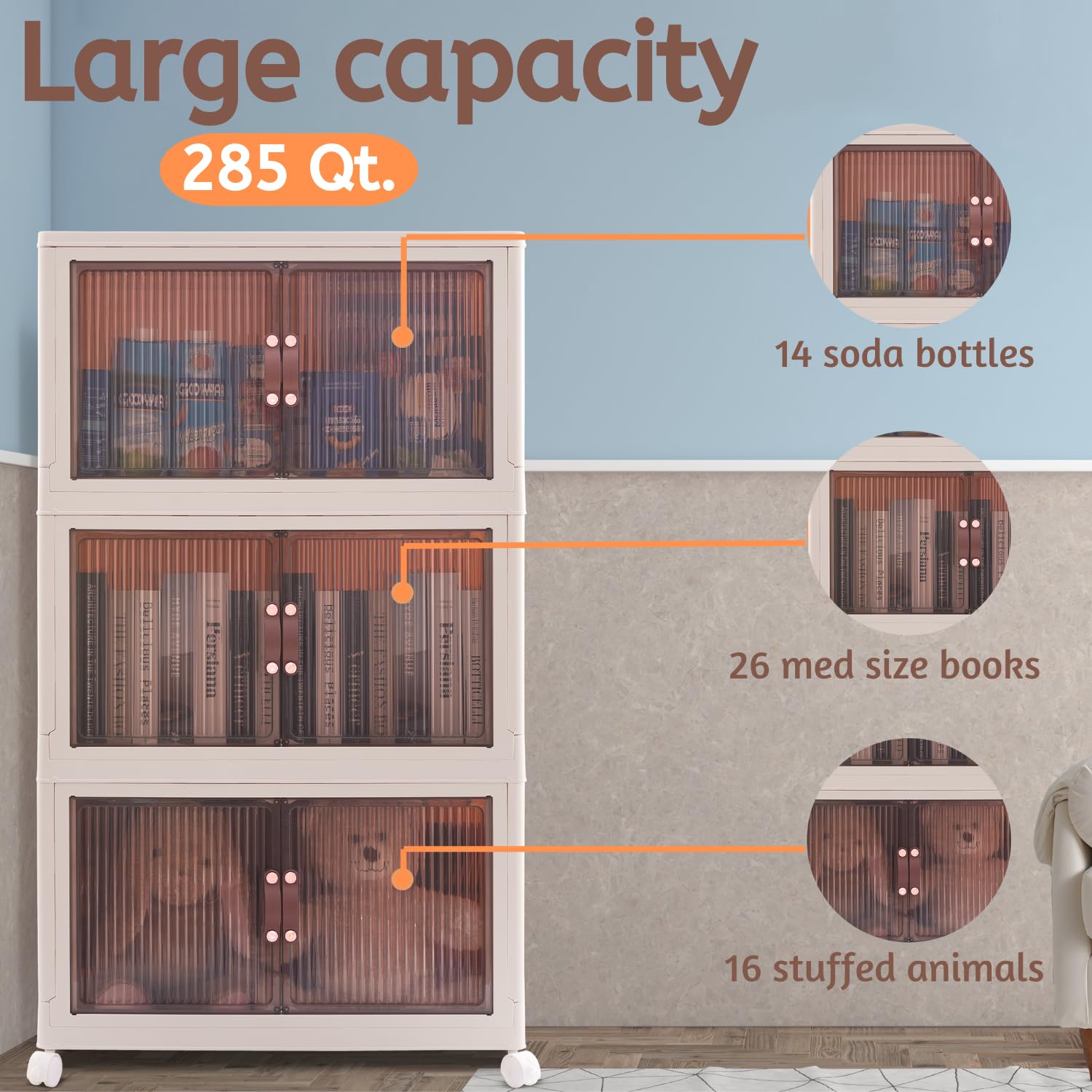 3-Tier Large Foldable Storage Bins with Lids - 95 Qt (285 Qt Total) Magnetic Door Stackable Organizers with Leather Handles & Wheels - Collapsible Storage Containers for Home, Office, Garage, and Closet Organization