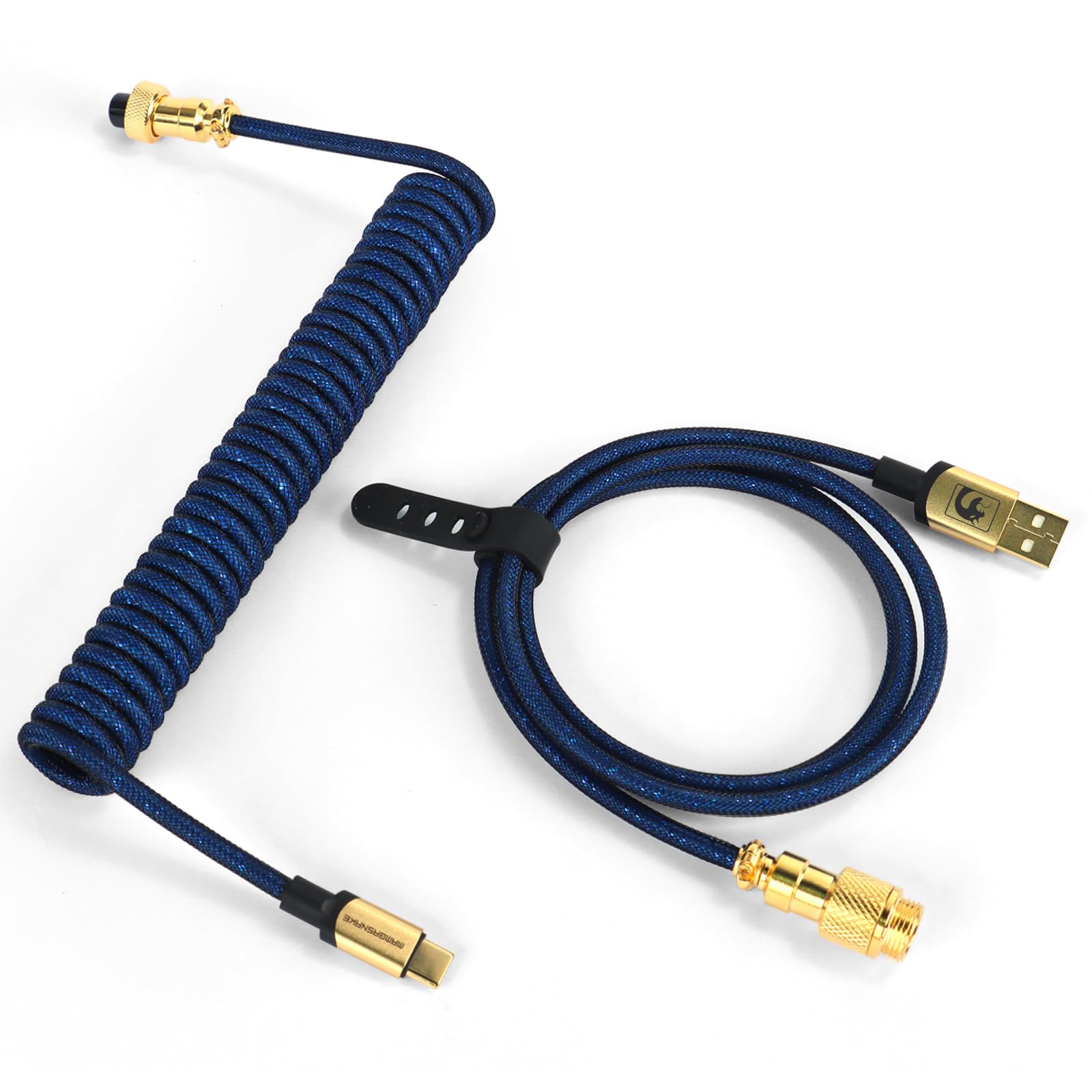 MAMBASNAKE C03 Coiled USB C Cable for Gaming Keyboard - Braided Type C to USB A Spiral Cable with 24K Gold-Plated Aviation Connector (Dark Blue) - Perfect for Mechanical Keyboards, Esports, and PC Gaming Setups