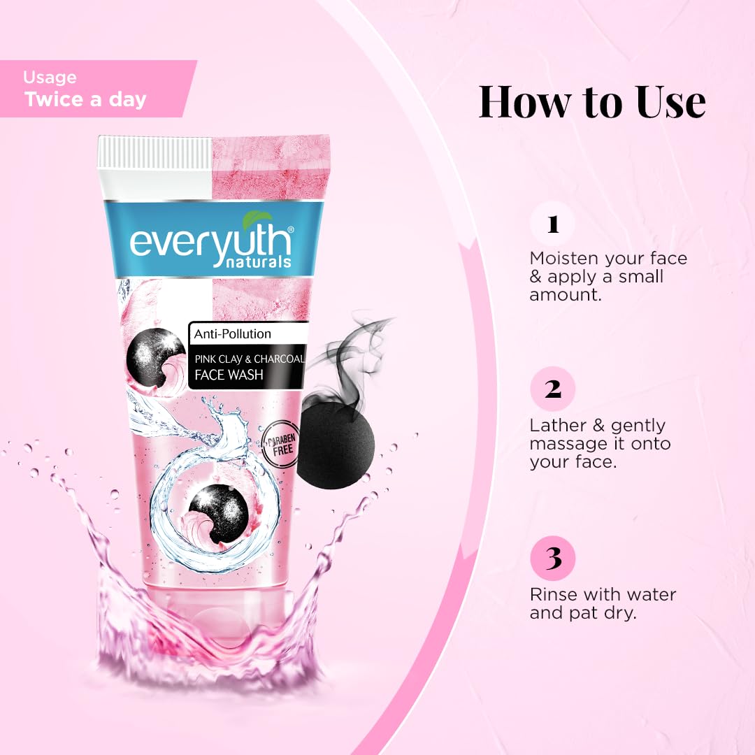 Everyuth Naturals Anti Pollution Pink Clay & Charcoal Face Wash 50g - Deep Cleansing for Acne & Blackheads - Perfect for Daily Skincare Routine