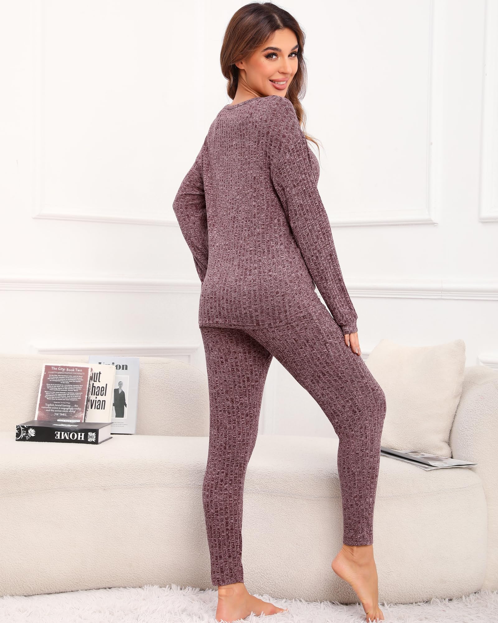 Difficort Women's Long Sleeve Pajama Set - Soft Ribbed Knit Sleepwear & Lounge PJS with Pockets | Cozy Winter Nightwear for Home Relaxation & Sleep