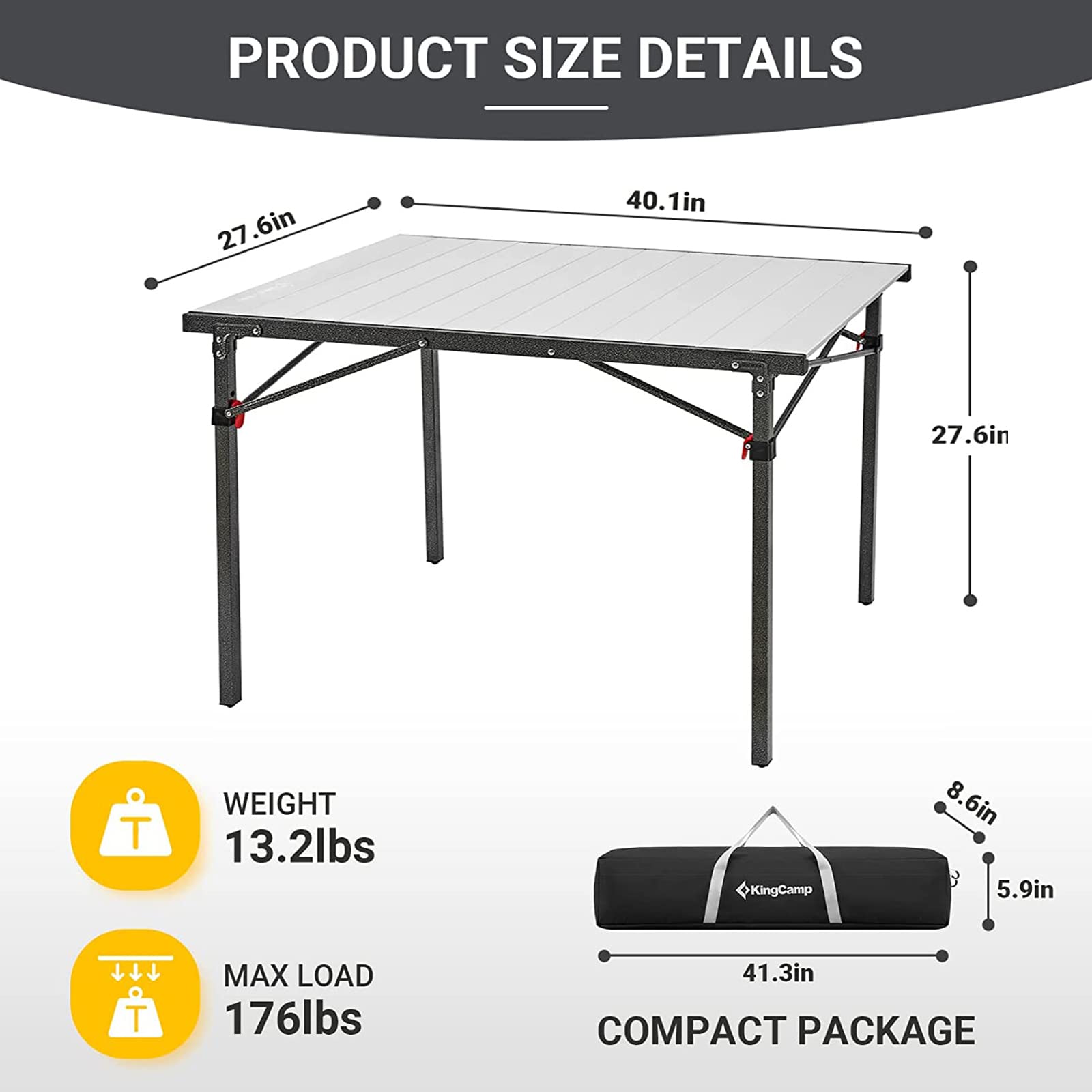 KingCamp Folding Camping Table - Aluminum Roll-Up Camp Table for 6-8 People, Heavy Duty 180 LBS Capacity, Portable Outdoor Picnic Table with Carry Bag - Perfect for Camping, Backyard BBQ, Beach Parties & Tailgating