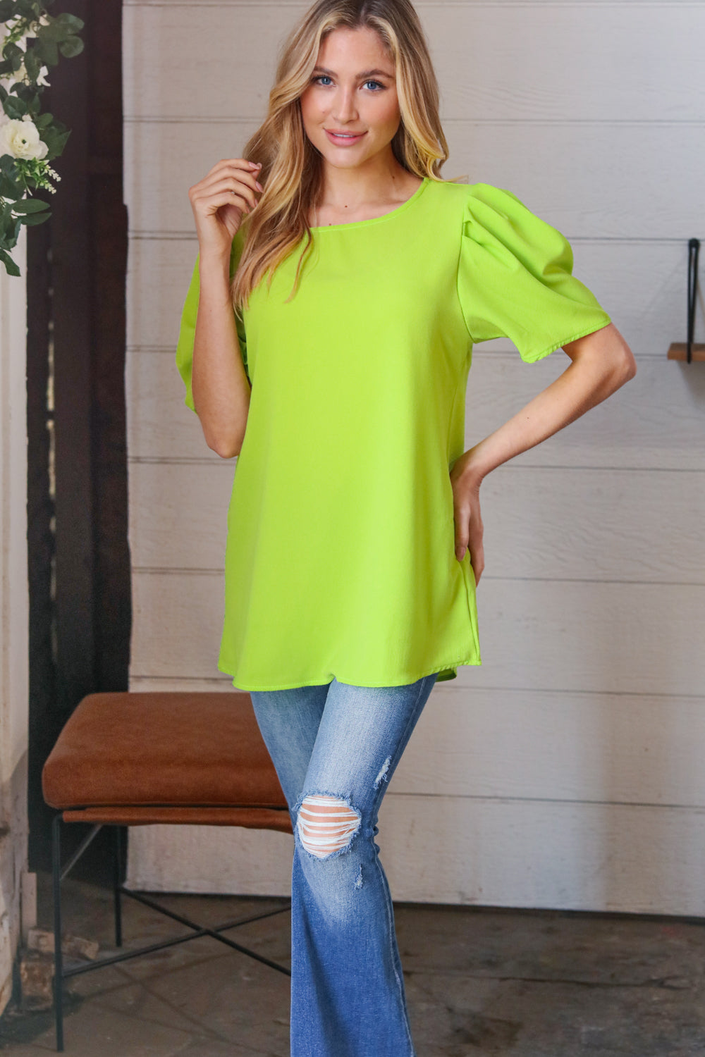Stylish Neon Green Round Neck Puff Sleeve Crepe Blouse for Women | Trendy Casual & Party Wear | Perfect for Date Nights, Office Outfits & Summer Fashion