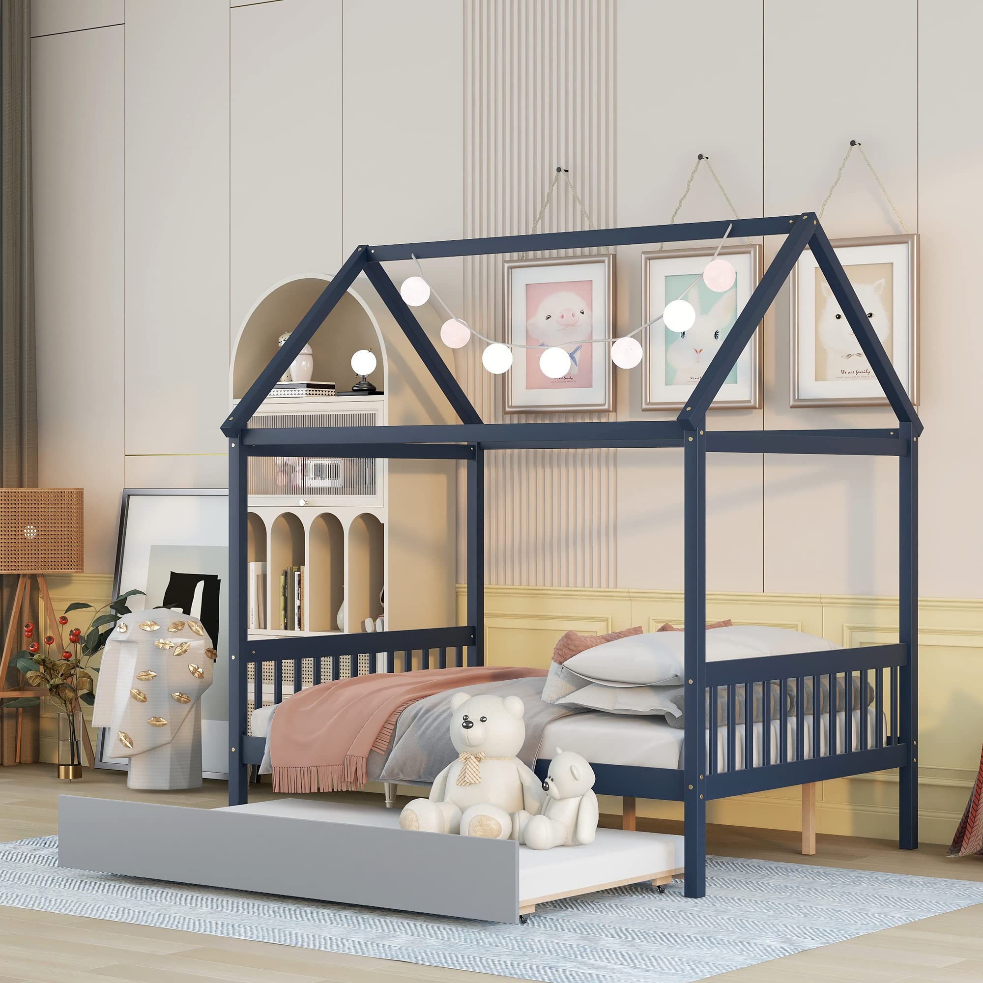 Bellemave Full Size Kids Playhouse Bed Frame with Trundle - Wooden House Bed for Boys & Girls, No Springs Needed, Blue - Perfect for Bedrooms, Playrooms & Sleepovers