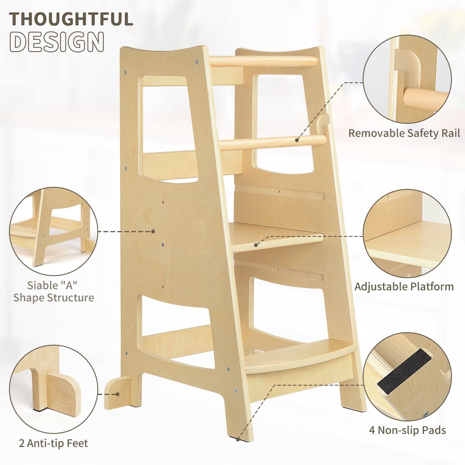 **Adjustable Wooden Toddler Step Stool with Safety Rail - 3 Height Levels for Kitchen, Bathroom & Counter - Safe Kids Step Stool Helper for Learning & Independence**    *(Use Scenes: Perfect for toddlers to safely reach sinks, countertops, or participate in cooking, brushing teeth, and other daily activities.)*