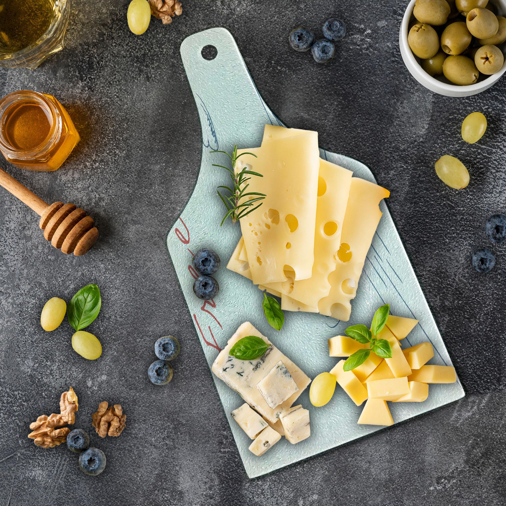 Ambesonne Adventure Wine Bottle Shaped Cutting Board - Hand Drawn Flying Paper Plane Sketch Design with Freedom Text Clouds - Tempered Glass Serving Board for Kitchen & Entertaining (Blue Grey Red White) - Perfect for Cheese Platters, Charcuterie & Wine Pairings