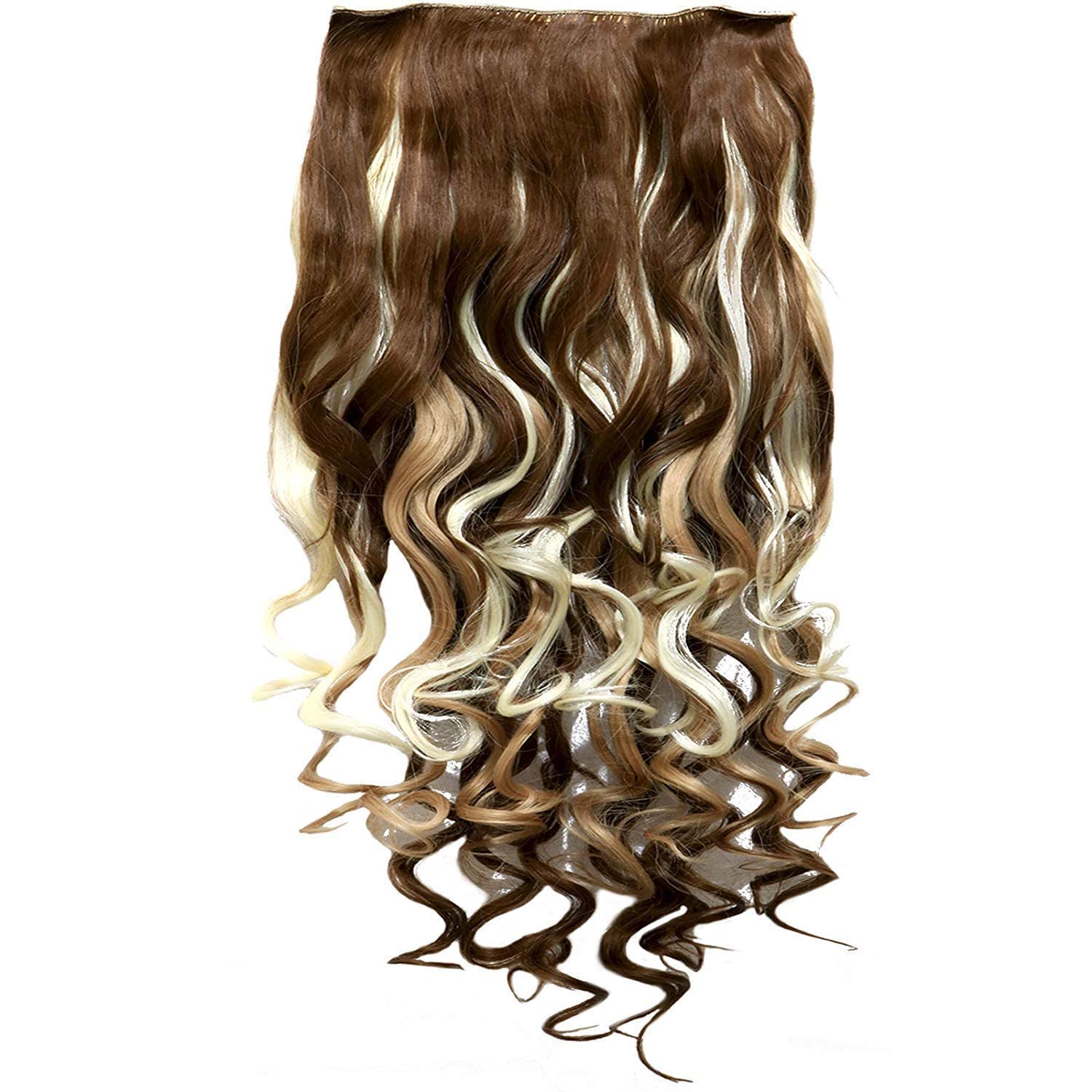 Foreign Holics 5-Piece Clip-In Hair Extensions for Women - 32 Inch Curly Human Hair Extensions with Blonde Highlights (Medium Brown) - 200g Voluminous Hairpiece for Daily Styling & Special Occasions
