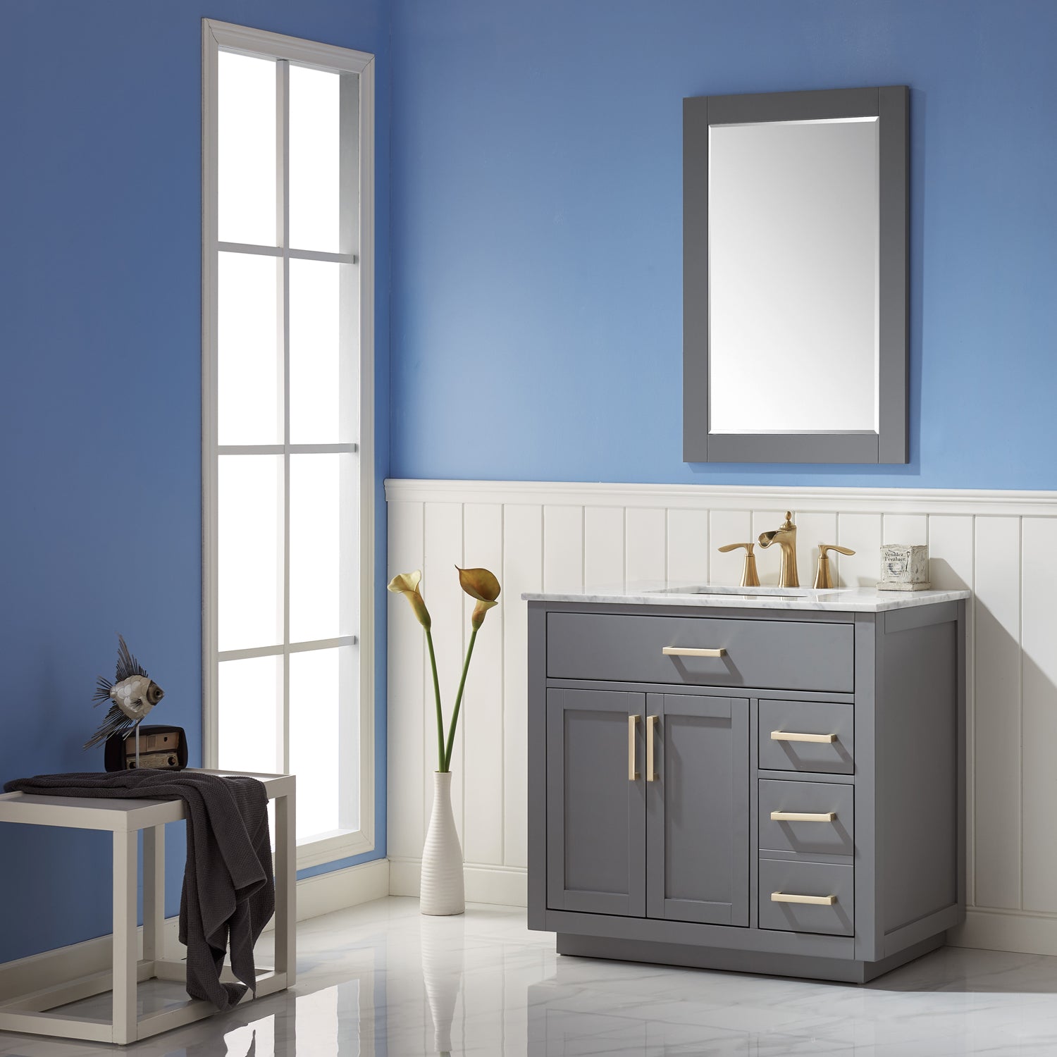 Ivy 36 Inch Single Bathroom Vanity Set with Carrara White Marble Countertop - Modern Sink Cabinet for Small Bathrooms, Powder Rooms & Guest Baths