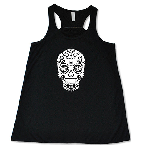 Skull With Pumpkin Eyes T-Shirt - Halloween Graphic Tee for Men & Women - Spooky Casual Wear for Parties & Costumes