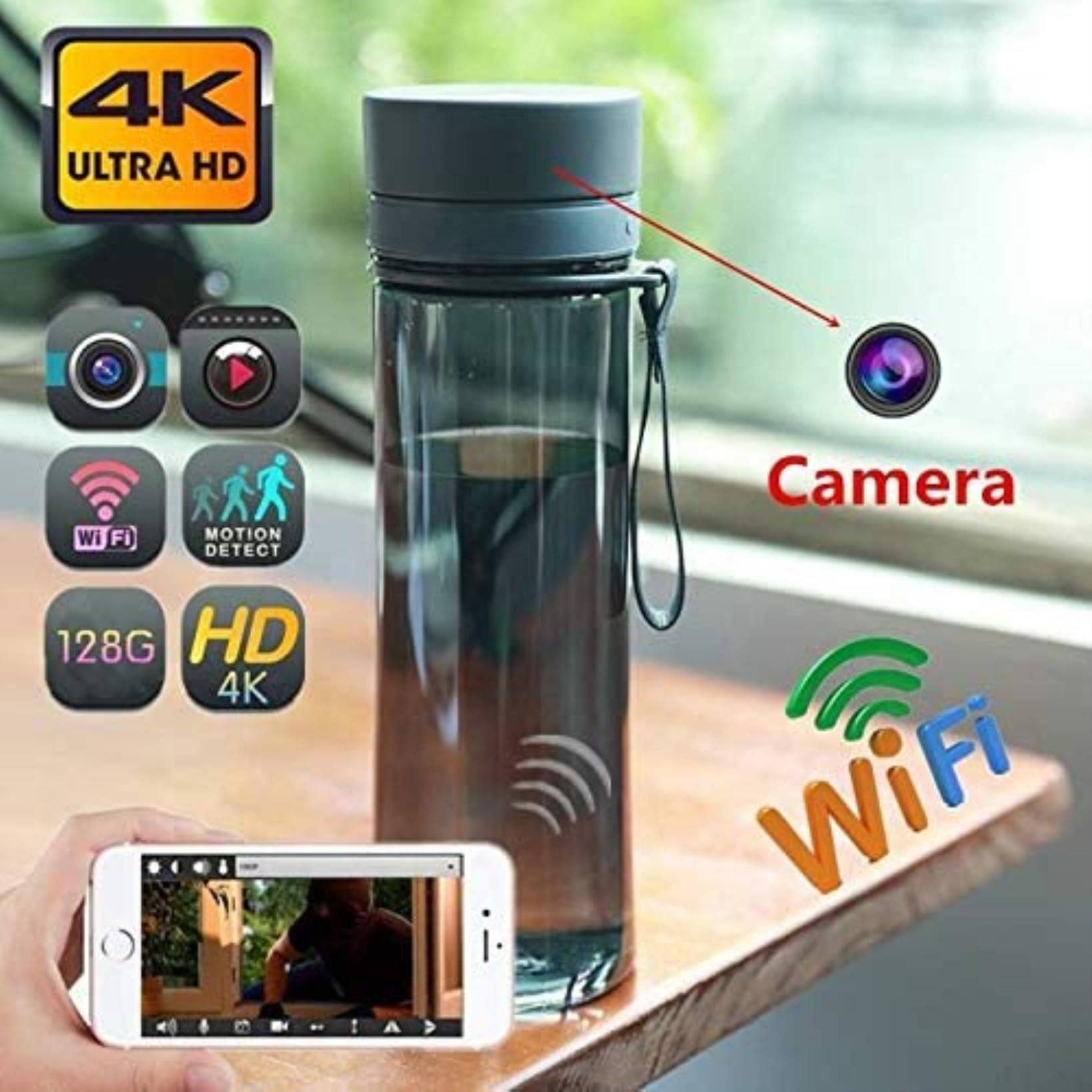 AADECOR WiFi Water Bottle Spy Camera - 4K Full HD Hidden Camera, Disguised as Handgrip Cup for Indoor/Outdoor Security Surveillance | Perfect for Home Security, Office Monitoring & Covert Recording