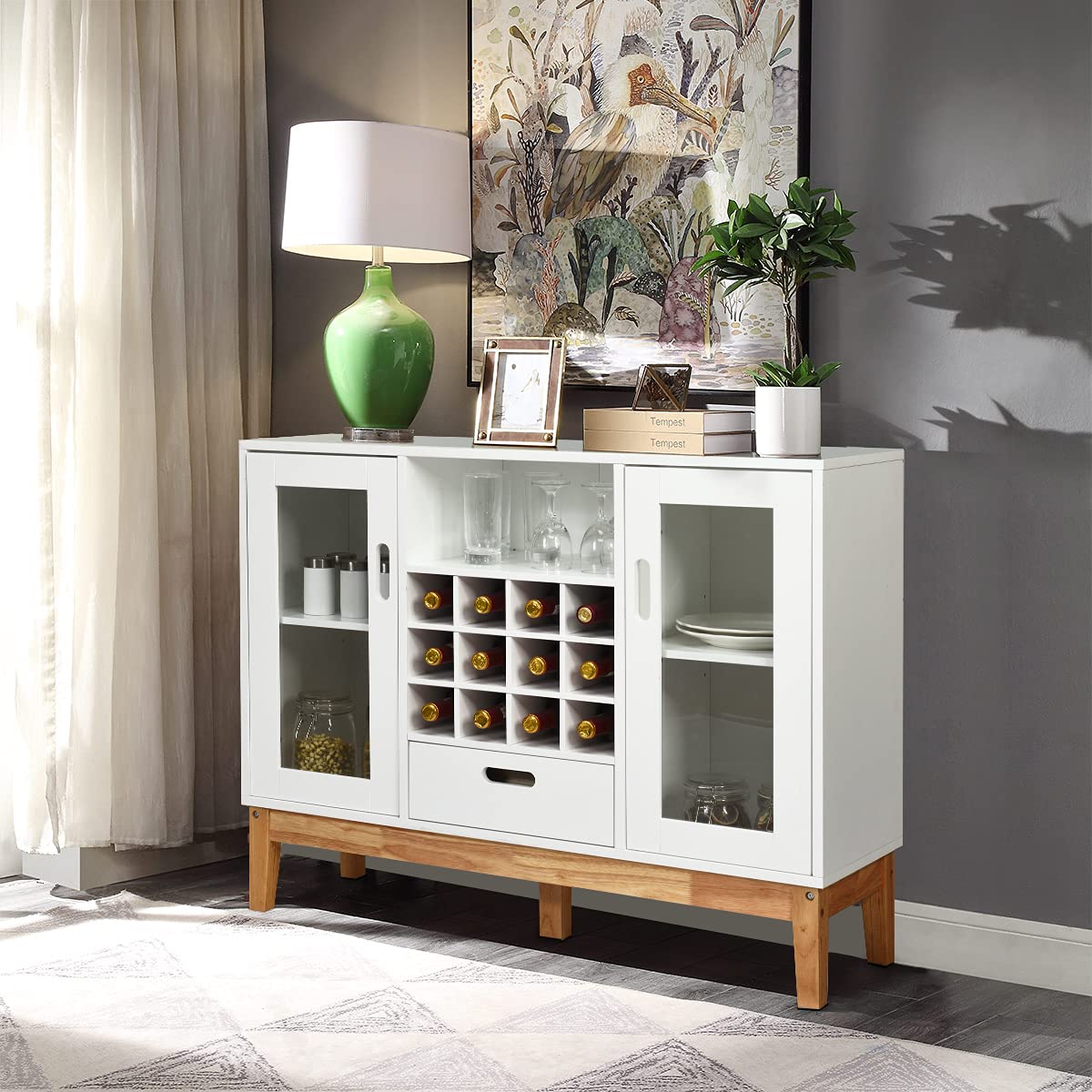 Modern Kitchen Storage Sideboard with Wine Rack - 12 Bottle Capacity, 2 Glass Doors, Adjustable Shelves & Drawer - Coffee Bar Cabinet for Dining Room, Entryway or Kitchen Organization