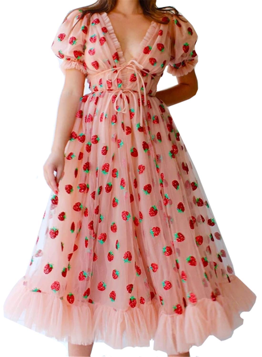 Women's Mai Poetry Maxi Dress - Casual & Sexy Strawberry Sweet Mesh Yarn V-Neck Pleated Long Skirt for Summer, Beach, Date Night & Special Occasions