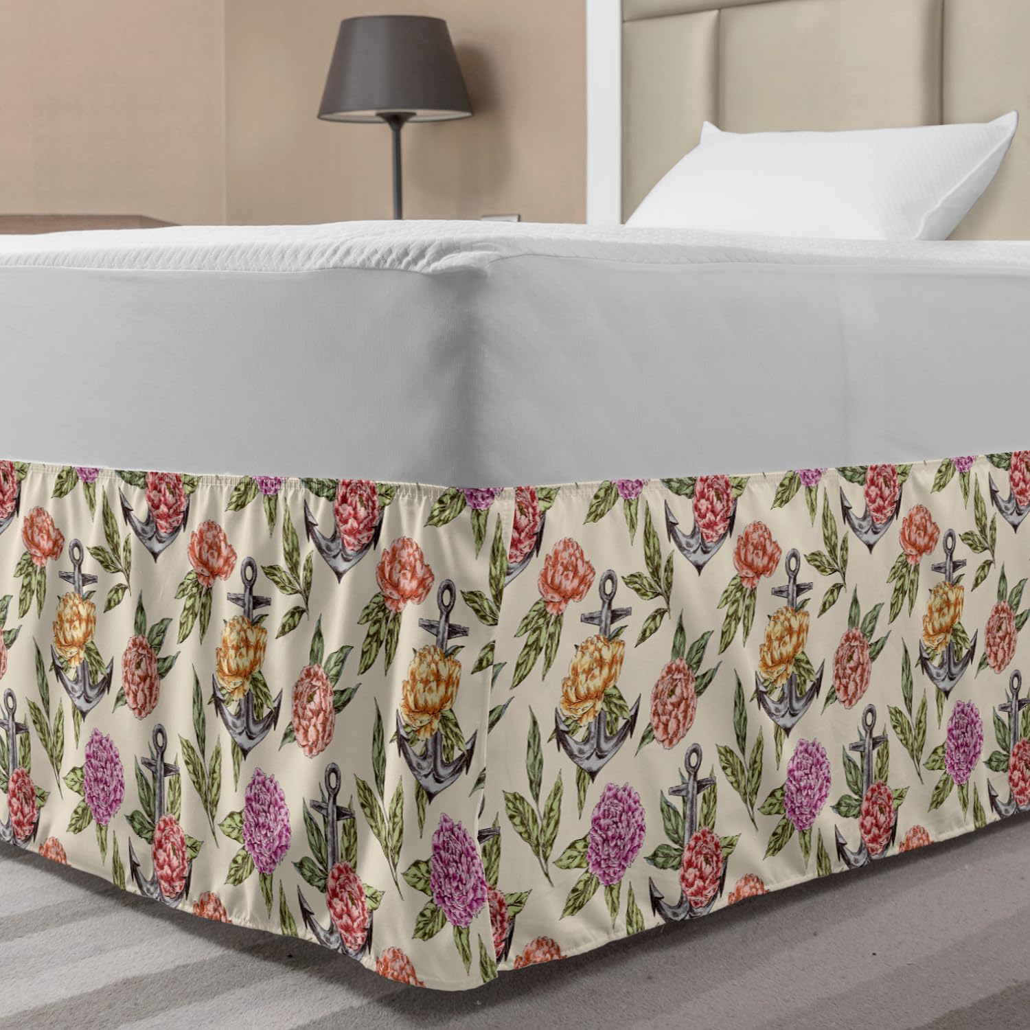 Ambesonne Vintage Peonies & Anchors Elastic Bed Skirt - Hand Drawn Floral Design Wrap Around Dust Ruffle for Full Size Beds | Colorful Bedroom Decor for Master & Guest Rooms