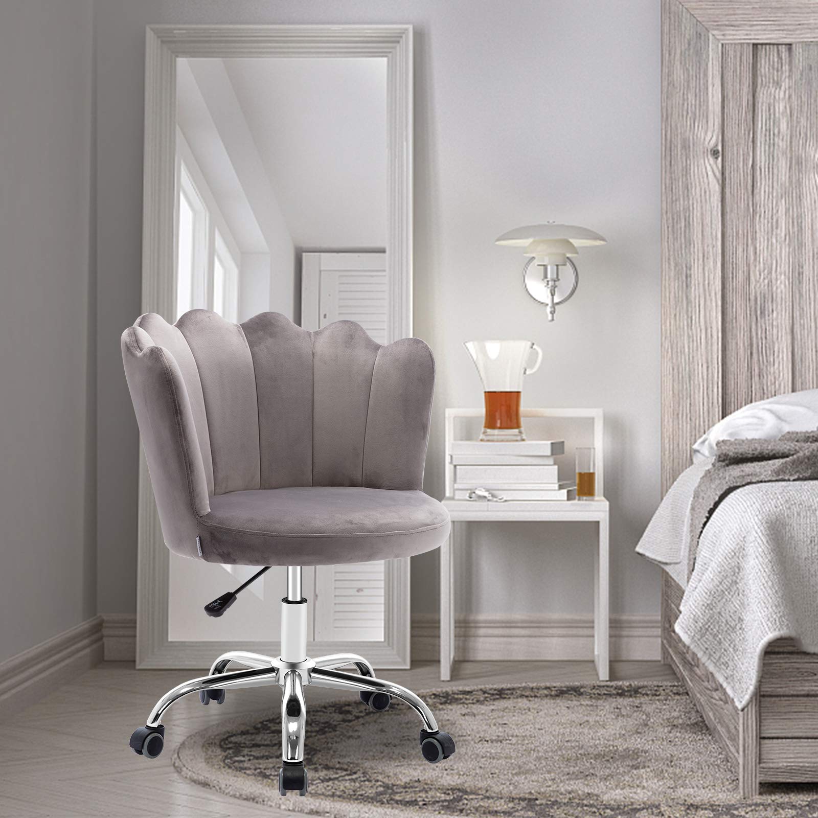 Velvet Desk Chair with Wheels - Modern Swivel Height Adjustable Office Chair, Upholstered Task Chair for Home Office, Living Room, Study & Vanity (Gray) - Perfect for Work, Gaming & Relaxation