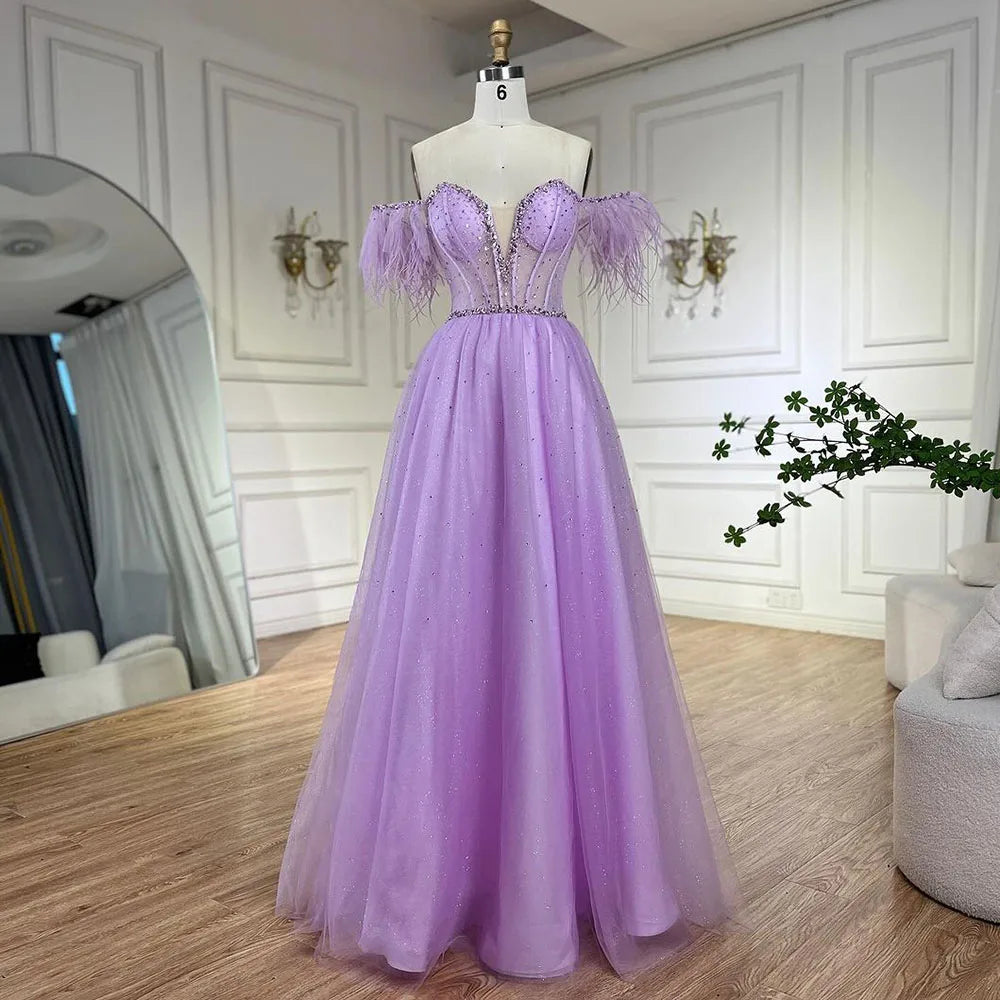 Elegant Lilac Feather Beaded A-Line Evening Gown for Women | Luxury Dubai Arabic Style Long Party Dress | Perfect for Weddings, Galas & Formal Events - LA72326