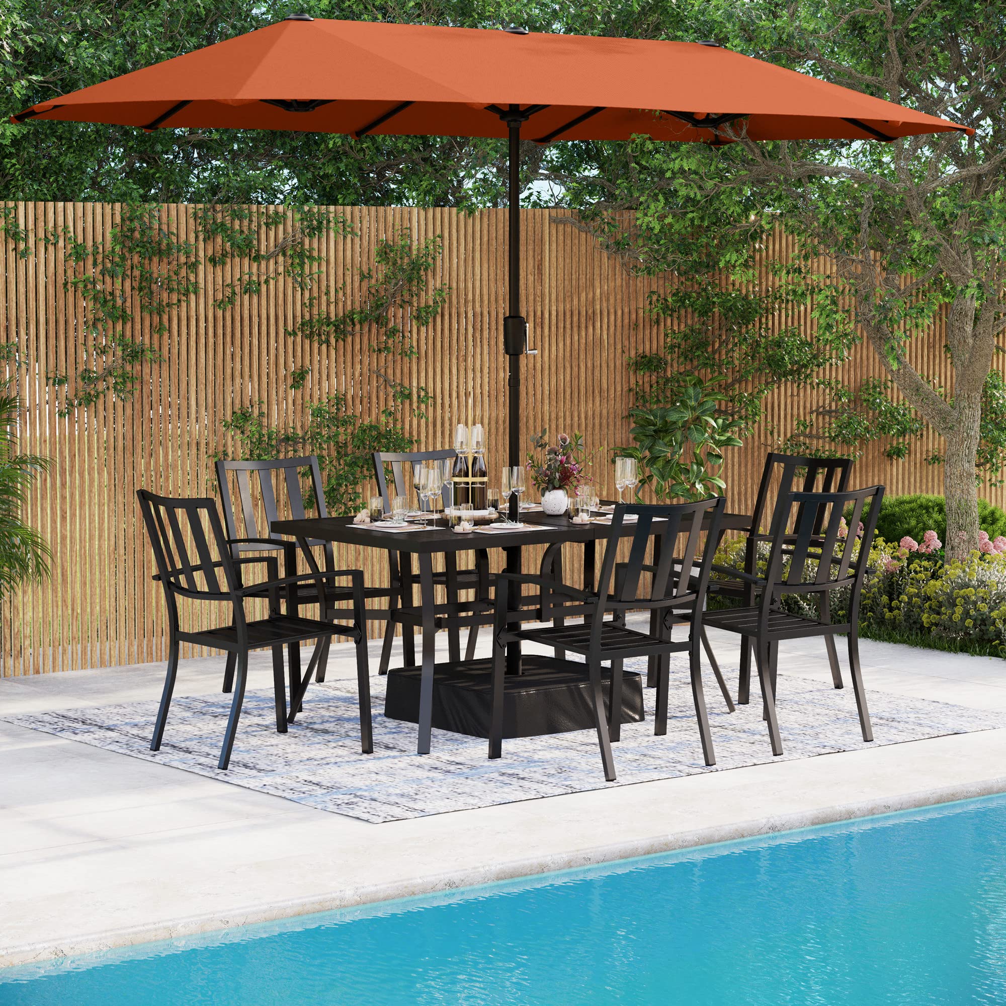 MFSTUDIO 8-Piece Patio Dining Set with 6 Steel Slat Chairs, 1 Metal Rectangular Table & 13ft Double-Sided Umbrella (Orange Red) - Outdoor Furniture for Garden, Backyard, Poolside & Restaurant Use
