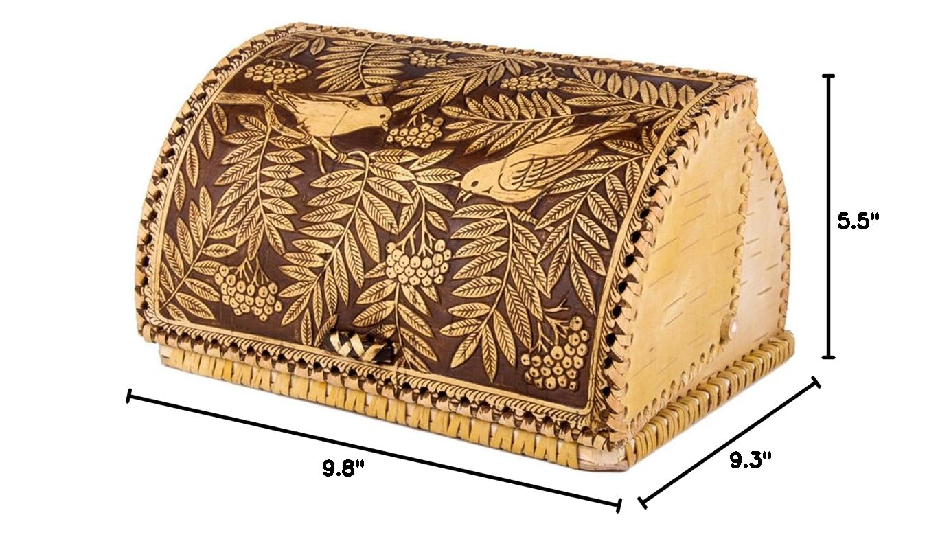 Handmade Natural Birch Bark Wooden Roll Top Bread Box - Rustic Kitchen Food Storage Container with Birds Pattern - Perfect for Bread, Pastries, and Pantry Organization