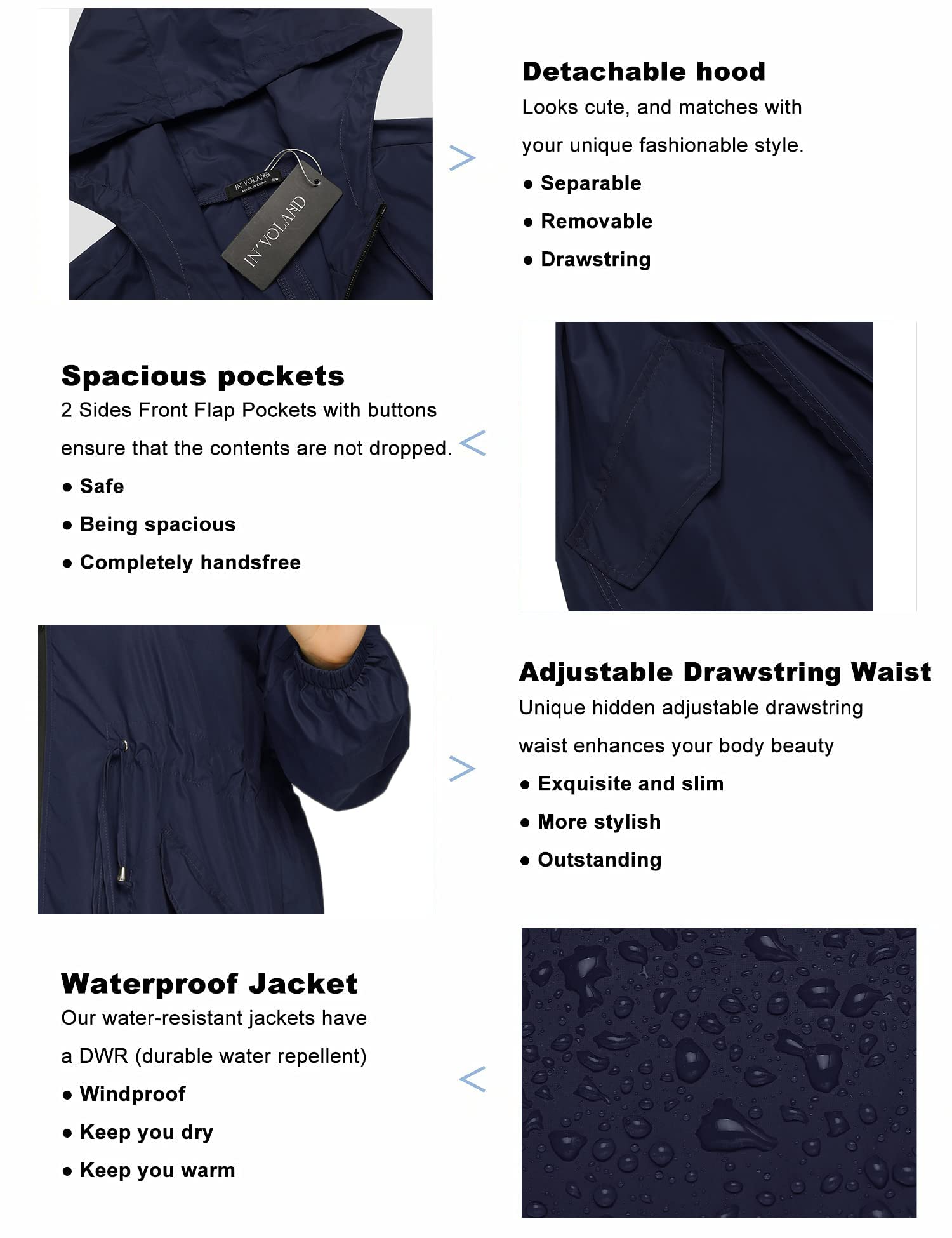 IN'VOLAND Women's Lightweight Waterproof Rain Jacket - Plus Size Long Hooded Windbreaker with Pockets | Outdoor Commuting, Hiking & Travel Raincoat