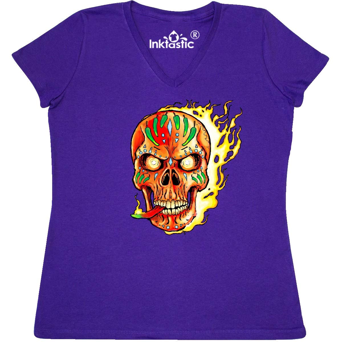 Inktastic Hot Sauce Skull ON FIRE Women's V-Neck T-Shirt - Spicy Food Lover Graphic Tee for Casual Wear, Parties & Gifts