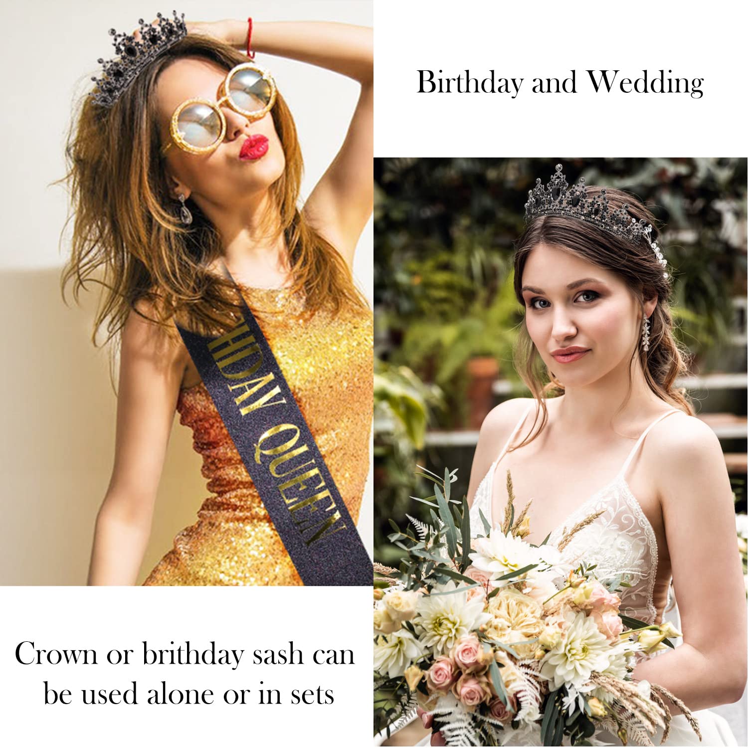 Birthday Queen Sash & Crystal Tiara Set - Sparkling Rhinestone Crown with Comb & Glitter Satin Sash with Pin - Perfect for Birthday Parties, Bachelorette, Pageants & Special Occasions
