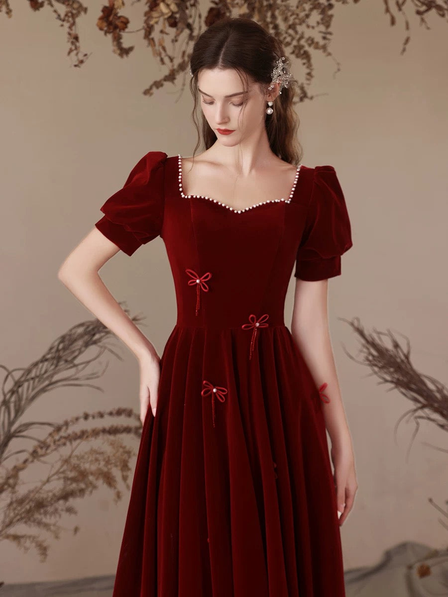 Elegant A-Line Velvet Burgundy Long Prom Dress for Women - Formal Evening Gown for Homecoming, Ball, and Special Occasions