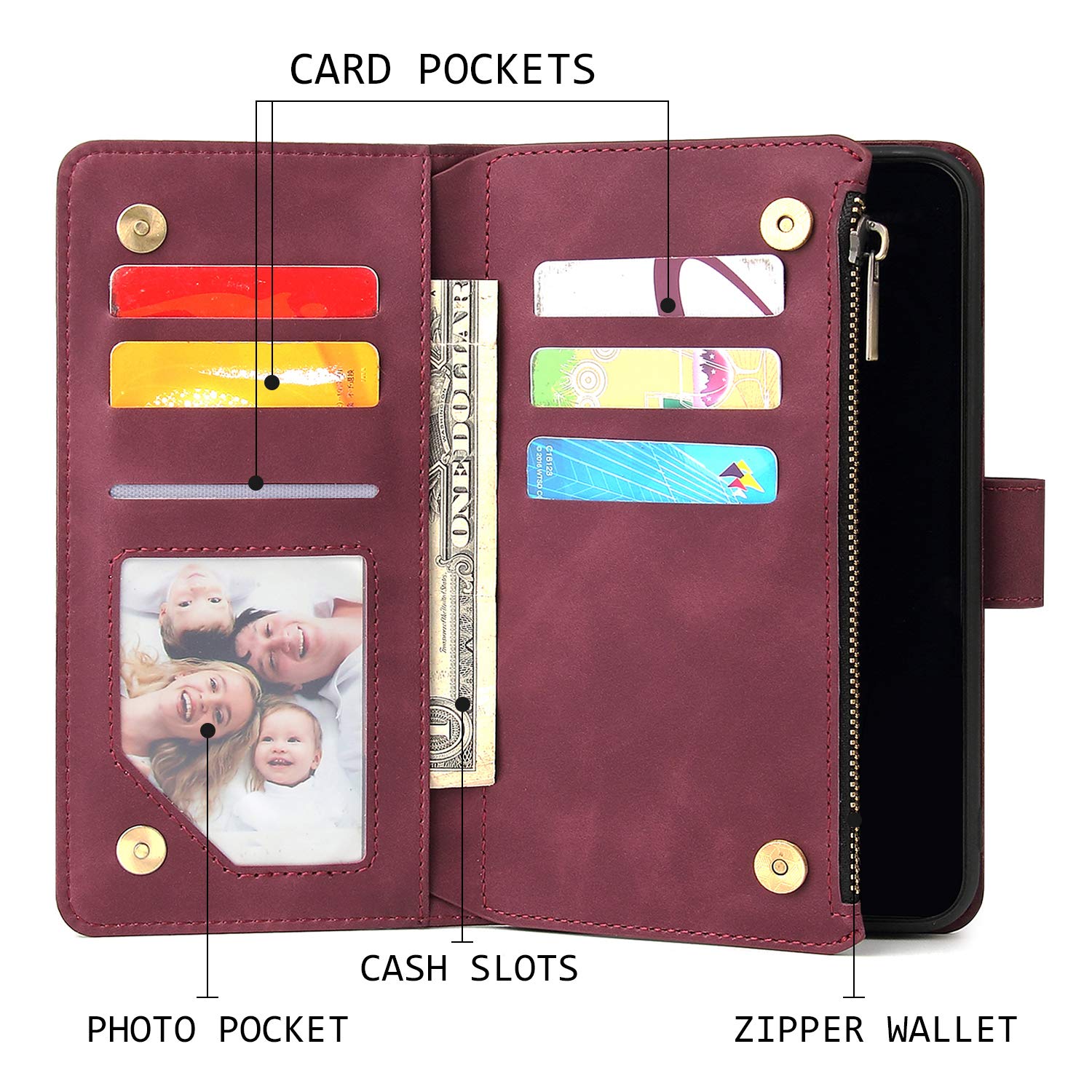 Premium PU Leather Magnetic Wallet Case for iPhone SE 2022/SE3/SE2/SE 2020/7/8 - Handbag Style with Zipper Pocket, Card Slots & Wrist Strap | Wine Red | Perfect for Daily Use, Travel & Shopping
