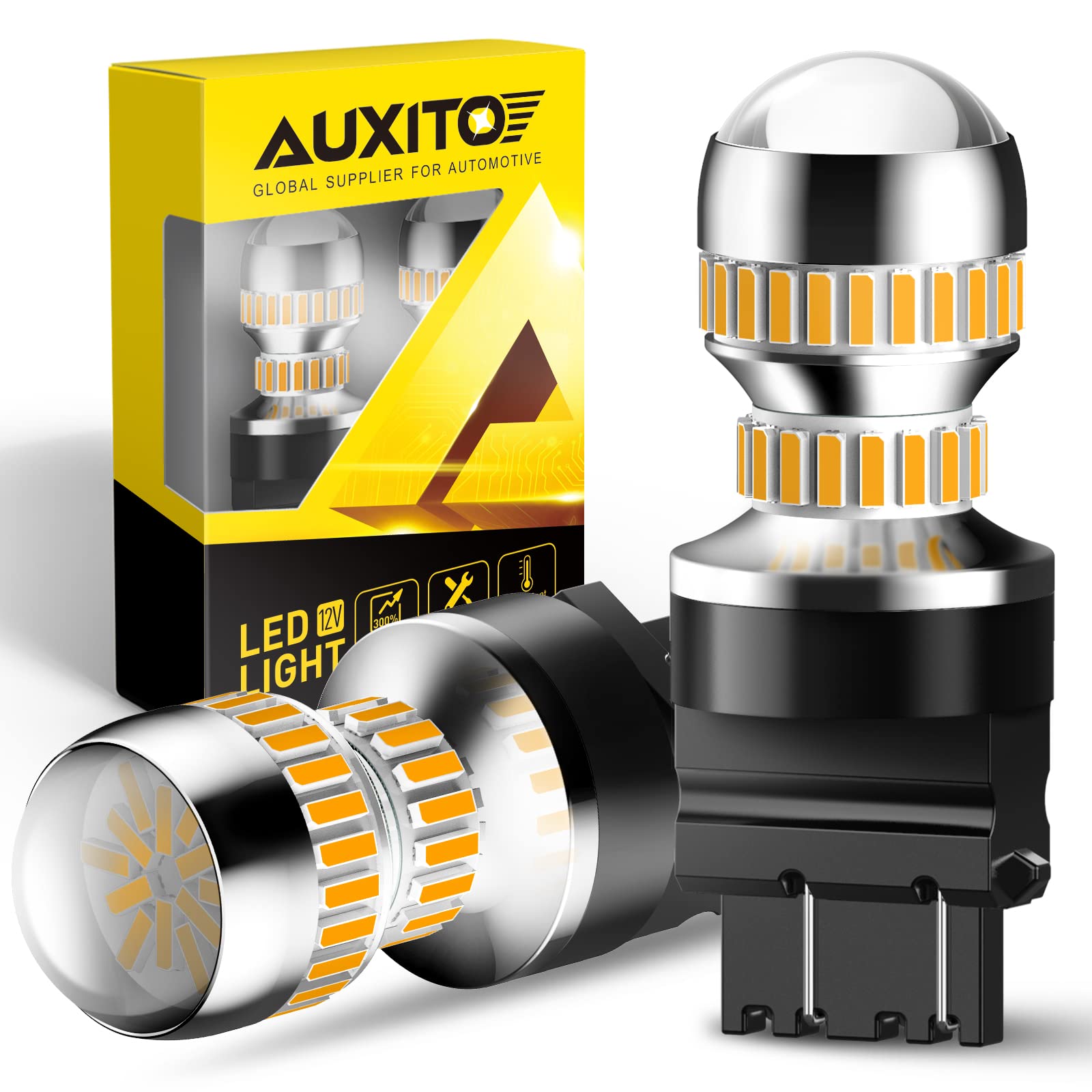 AUXITO 3157 LED Turn Signal Bulbs - Super Bright Amber Yellow 400% Brighter (Pack of 2) | Compatible with 3156 3457A 4057 4157 | Perfect for Front/Rear Turn Signals, DRL, Marker & Parking Lights | Ideal for Night Driving & Enhanced Vehicle Visibility