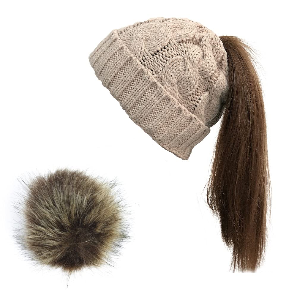 VOASTEK Women's Winter Knitted Ponytail Beanie Hat with Pom Pom & Messy Bun Hole - Warm & Stylish for Cold Weather, Outdoor Activities, and Casual Outfits