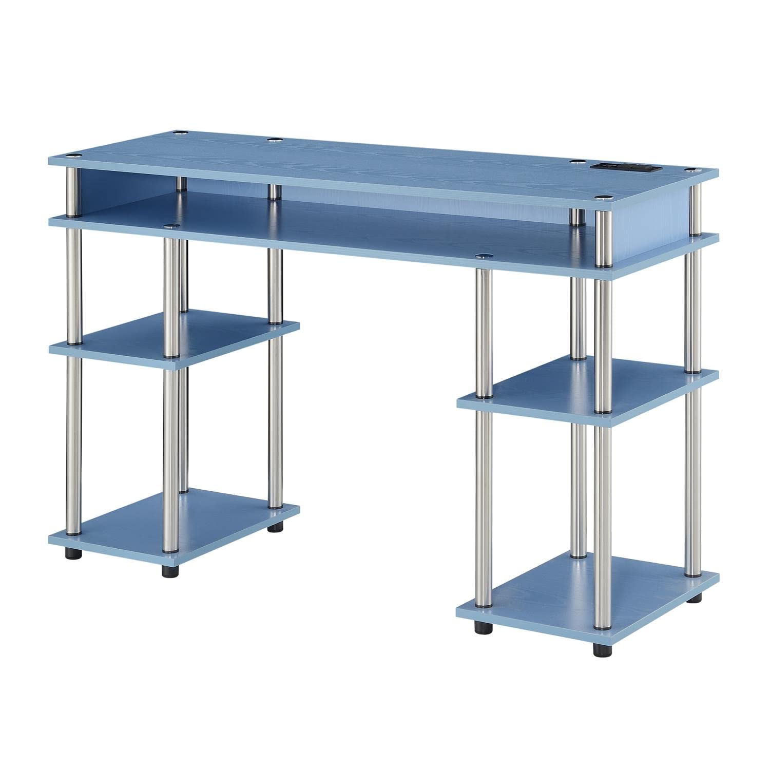 Convenience Concepts Designs2Go No Tools Student Desk with USB Charging Station & Storage Shelves, Blue - Perfect for Dorm Rooms, Home Office & Small Spaces