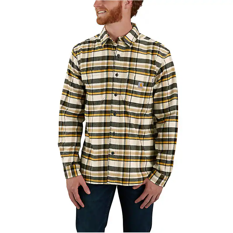 Rugged Flex Relaxed Fit Midweight Flannel Long Sleeve Plaid Shirt for Men - Comfortable Outdoor Work & Casual Wear - Malt Color