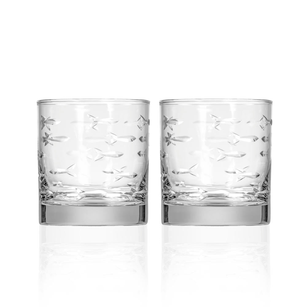 Premium 10oz Whiskey Glasses Set of 2 - School of Fish Design Rocks Glass for Bourbon, Scotch & Cocktails - Perfect for Home Bar, Gifts & Entertaining