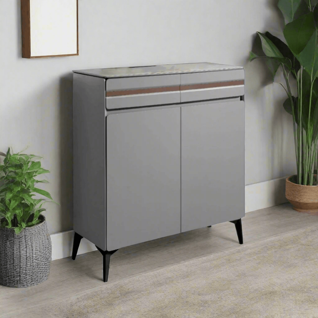 Evadne Grey 2 Door Shoe Cabinet - Modern Entryway Storage Organizer for Shoes, Boots & Accessories | Perfect for Hallway, Closet & Small Space Organization