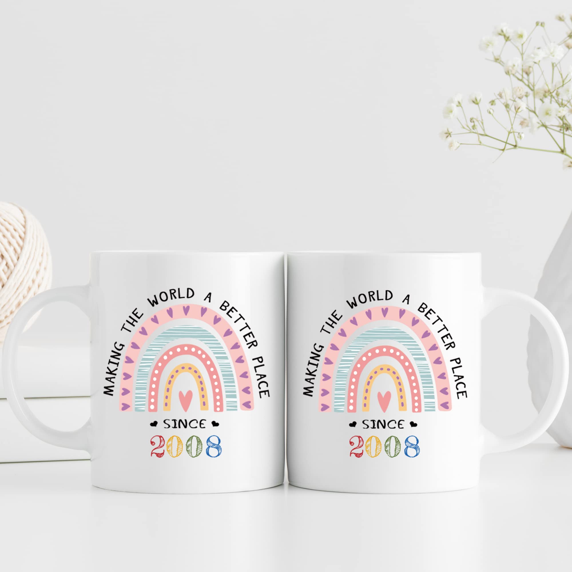 2008 Birthday Gifts for Women - 11 oz Inspirational Coffee Mug 'Making The World A Better Place Since 2008' - Perfect Gift for Daughter, Friend, Sister, Cousin or Granddaughter - Ideal for Office, Home & Coffee Lovers