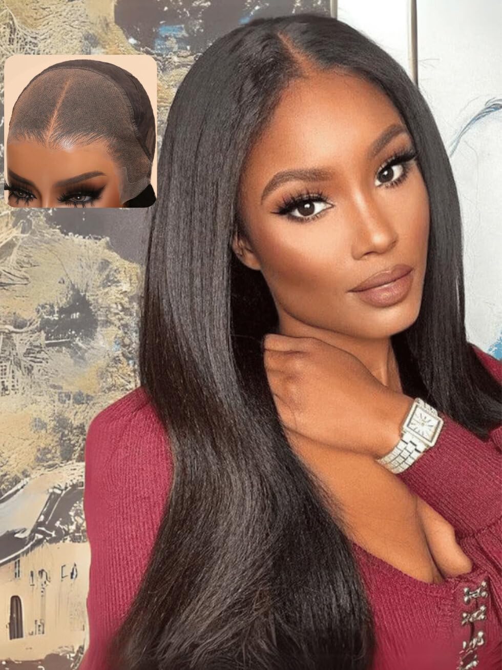 UNICE Pre Everything Glueless Frontal Wig with Ear Tab Tape - Yaki Straight 13x4 Lace Front Human Hair Wig | Pre-Bleached Knots, Pre-Cut, Pre-Plucked Hairline, 150% Density, 22 Inch | Perfect for Daily Wear, Cosplay, and Special Occasions