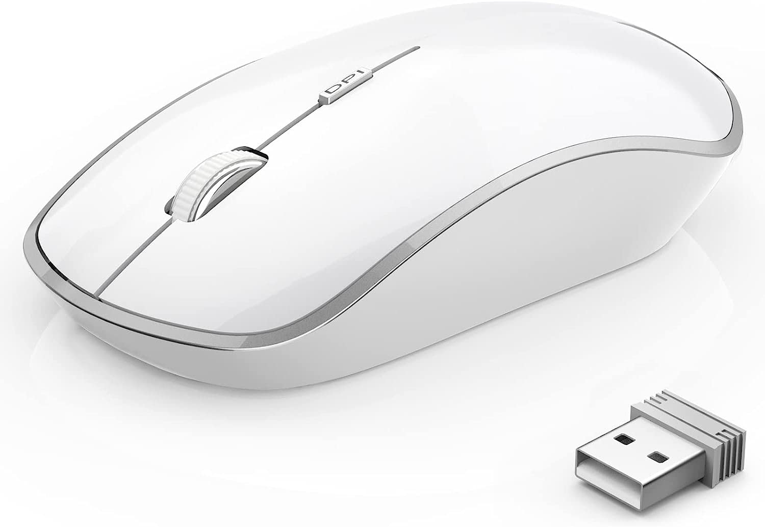 J JOYACCESS 2.4G Wireless Silent Mouse - Slim Portable USB Computer Mouse with 2400 DPI for Laptop, Notebook, MacBook, Chromebook, PC (White & Silver) - Perfect for Office Work, Home Use, and Travel