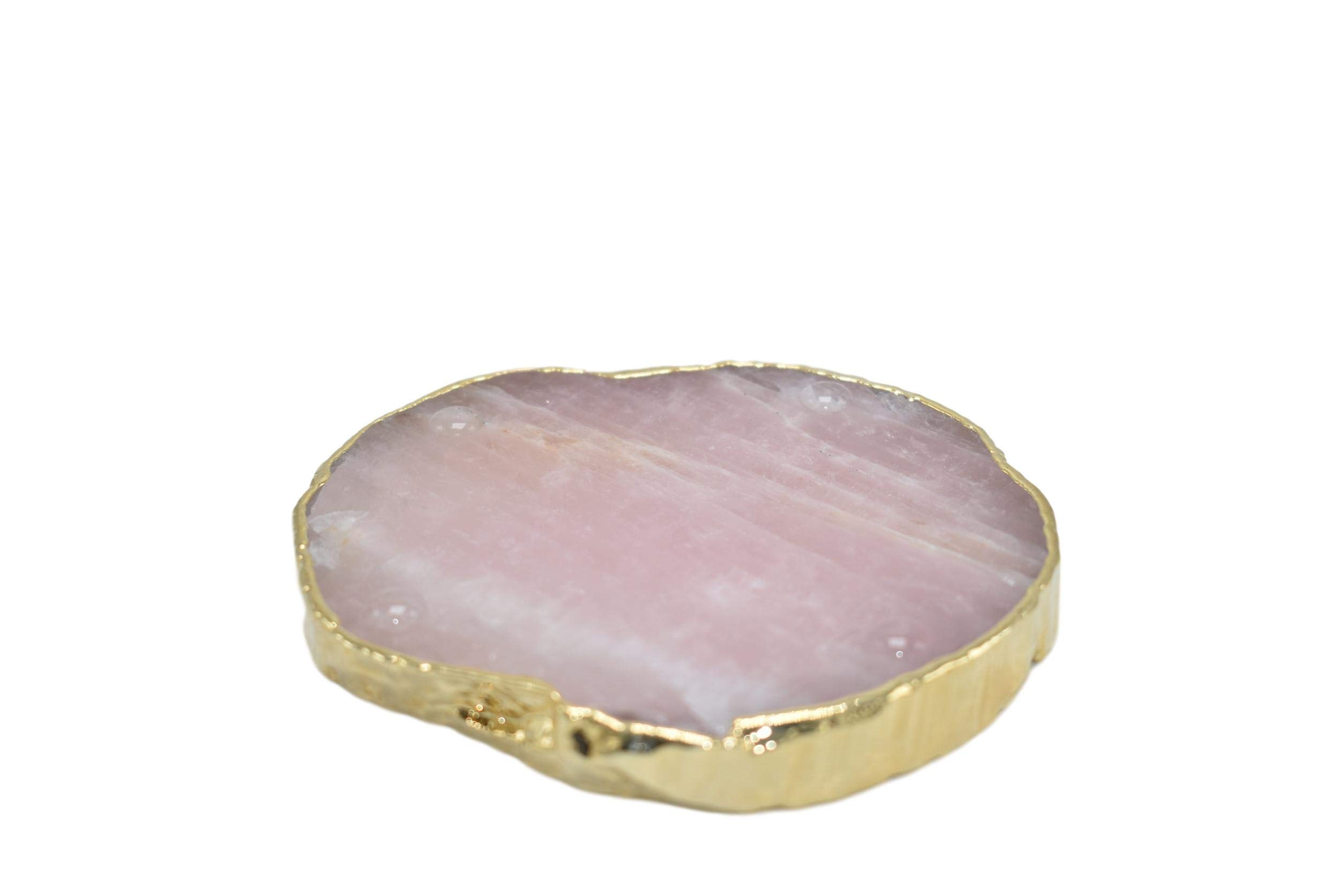 Luxury Rose Quartz Coasters with Gold Trim - Set of 2 Non-Slip Stone Coasters - Irregular Shaped Home Decor for Coffee Table, Office Desk & Gift Giving - Natural Quartz Stone Coasters for Elegant Home Decor