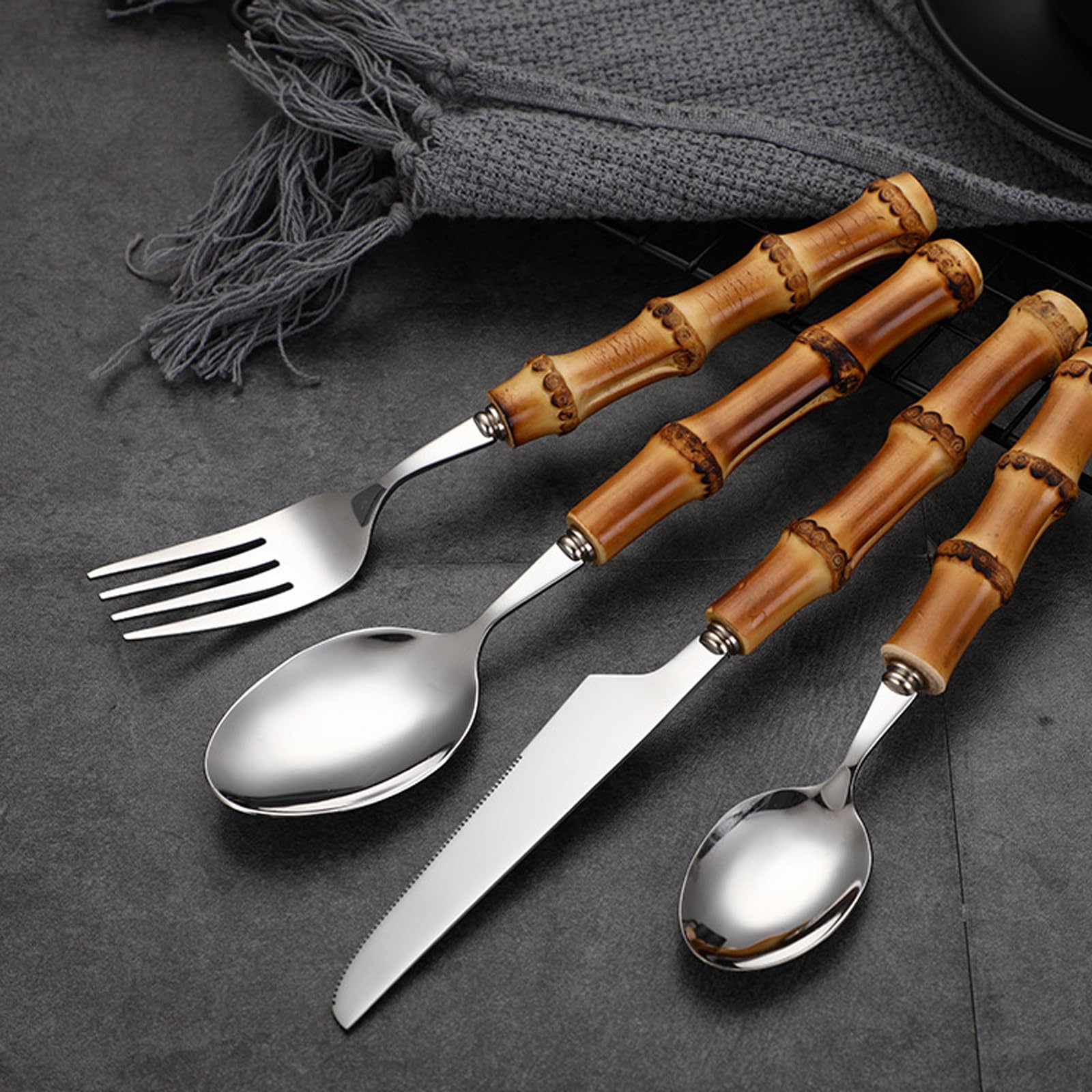 Premium 30-Piece Bamboo Handle Stainless Steel Cutlery Set for 6 - 18/8 Dishwasher Safe Flatware Set with Natural Wooden Utensils | Elegant Dining, Wedding Registry & Eco-Friendly Kitchen Essentials