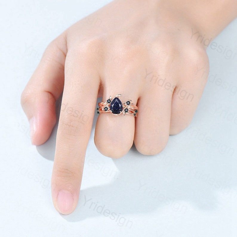 Blue Goldstone Engagement Ring Set with Spinel & Sandstone - Nature Inspired Leaves Branch Design - Personalized Black Gemstone Wedding Ring for Women - Perfect for Proposals, Anniversaries & Special Occasions