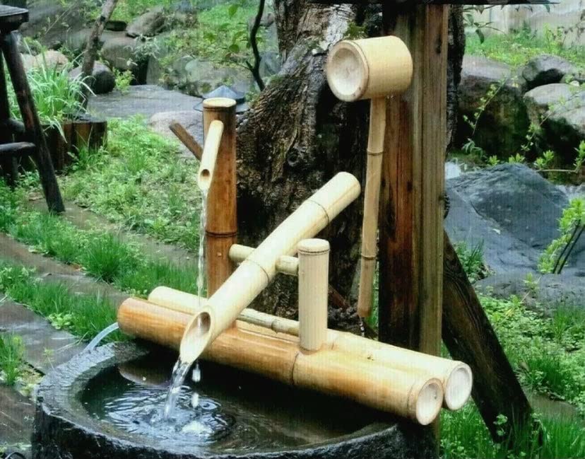 Bamboo Water Feature Fountain with Rocking Pump & Water Wheel - Modern Outdoor Garden Decoration for Patio, Yard, and Zen Relaxation Spaces