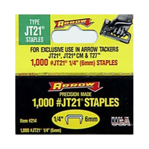 Arrow 214 JT21/T27 1/4-Inch Heavy Duty Staples - 1000 Count Pack for Upholstery, Carpentry & DIY Projects - Compatible with Arrow T50 Staplers