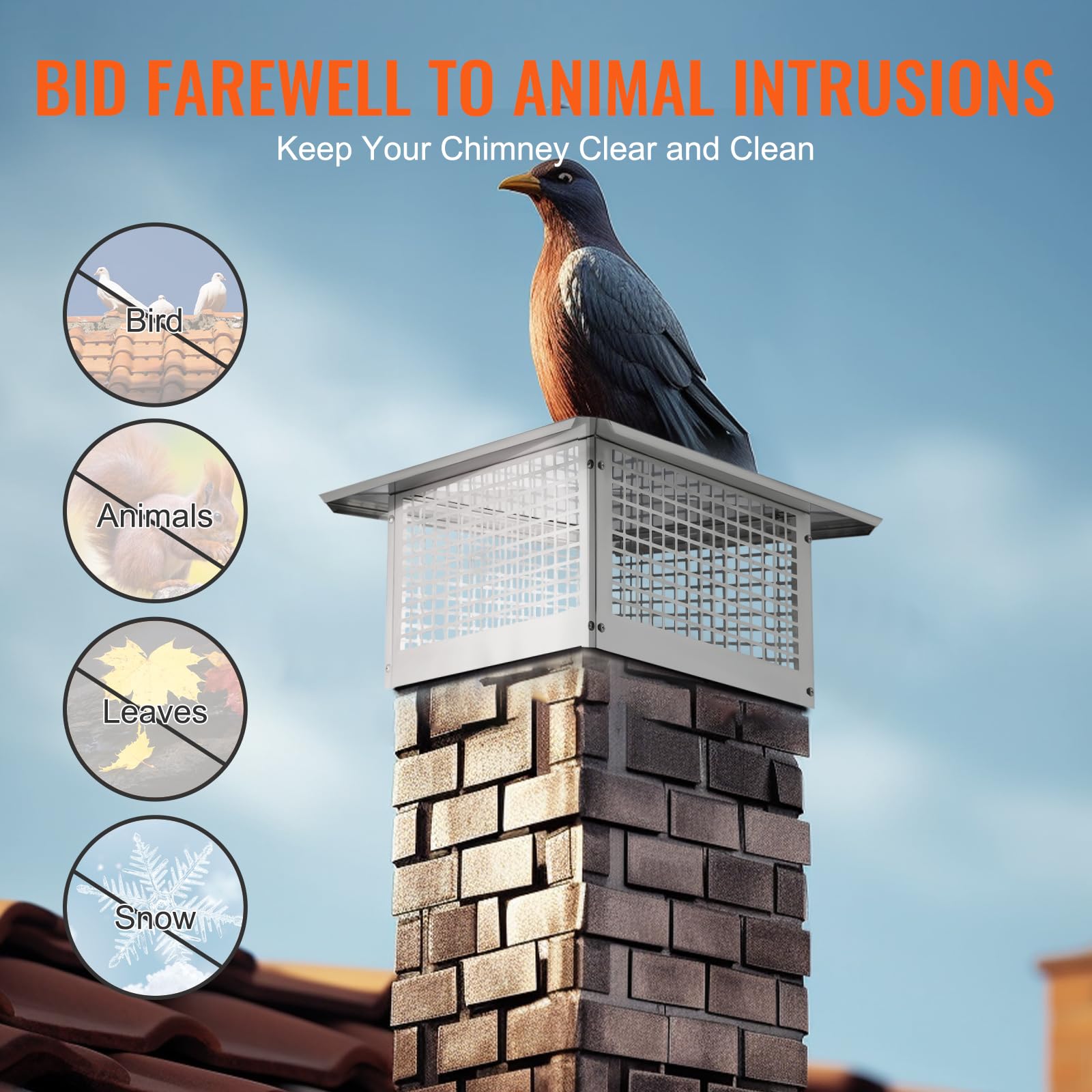 VEVOR 17x17 Inch Chimney Cap - Durable Stainless Steel Mesh Cover for Clay Flue & Shingles, Easy Installation & Weatherproof Design - Perfect for Home Fireplace, Roof Ventilation & Outdoor Protection