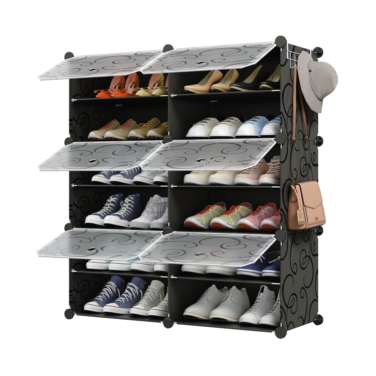 MAGINELS 24-Pair Shoe Rack Organizer - Expandable Shoe Storage Cabinet, Free Standing Stackable Space Saving Shoe Shelf for Entryway, Hallway & Closet (Black & Clear) - Perfect for Small Spaces & Apartment Organization