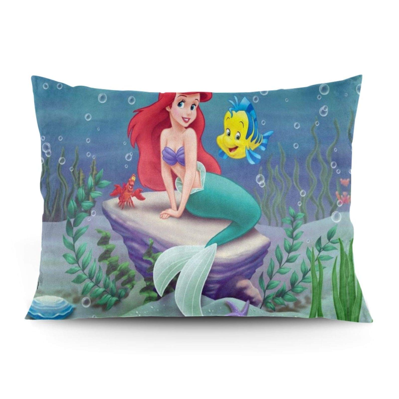 Omigge Cute Cartoon Square Throw Pillow Cover - Soft Velvet Cushion Case with Hidden Zipper for Sofa, Couch, Bed & Home Decor - Disney Ariel Little Mermaid Ocean Grass Design - Perfect for Living Room, Nursery & Cozy Home Accents