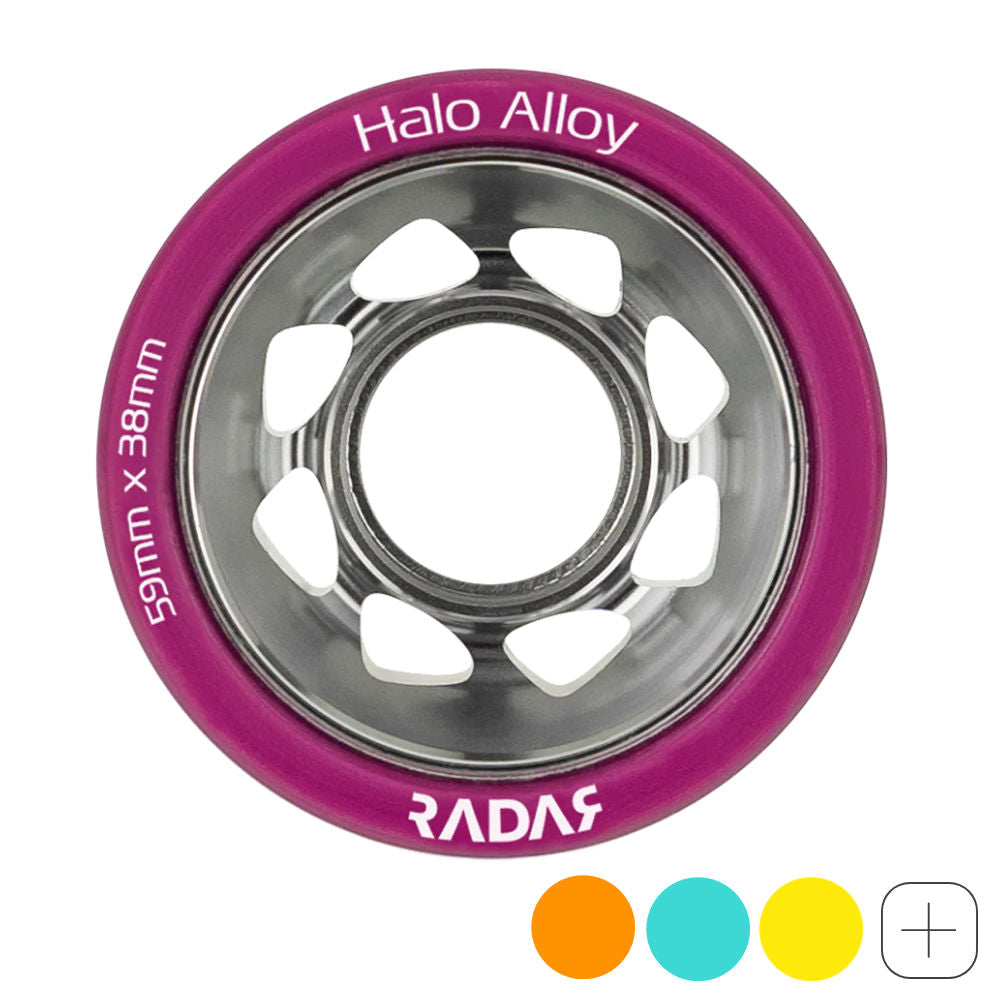 Premium Radar Halo Alloy 59mm Roller Skate Wheels - 4 Pack Set for Indoor/Outdoor Skating, Rink, Derby & Artistic Roller Skating - High Performance Urethane Wheels for Smooth Ride
